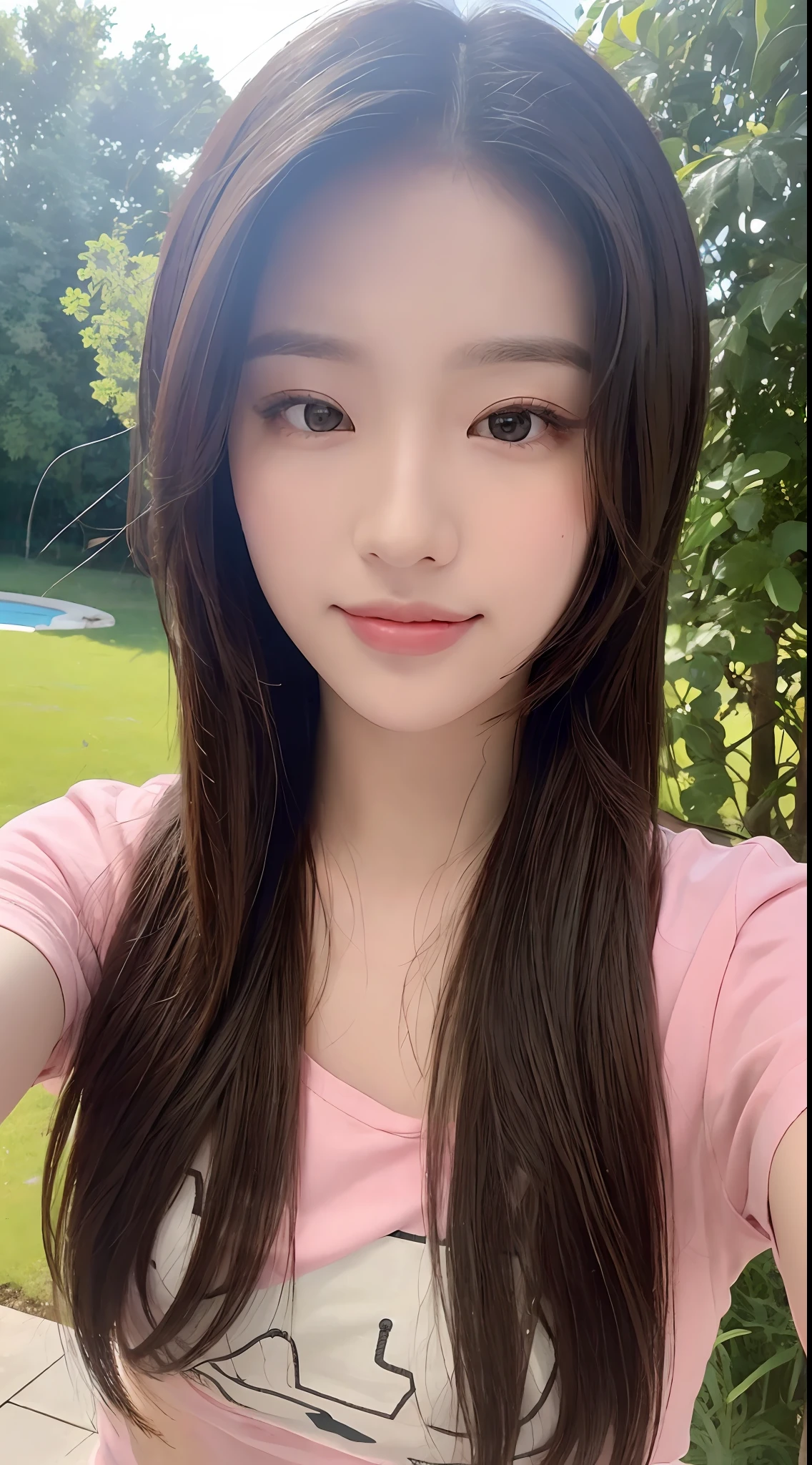 ((Realistic lighting, best quality, 8k, masterpiece: 1.3)), sharp focus: 1.2, 1 girl, beauty with perfect body: 1.4, slender abs: 1.1, ((layered hairstyle)), (pink T-shirt: 1.4), (outdoor: 1.1), ultra-fine face, fine eyes, double eyelids, smile, looking at the camera, selfie,