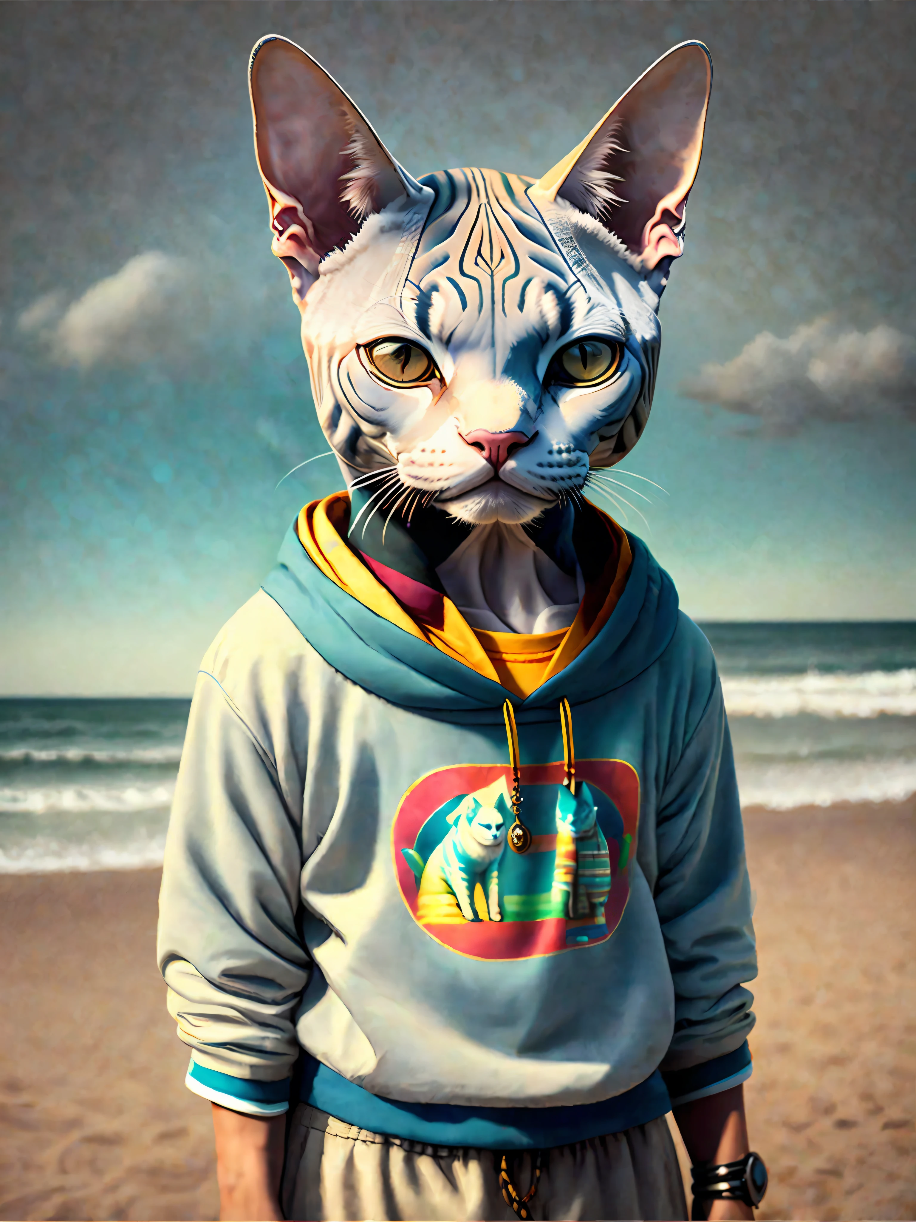 image of a beautiful Sphynx cat, trend of the art season, dressed in beach clothes, hyper realistic detailed rendering, Brazilian gang member, urban style, relaxed pose, planet of cats, fashion clothes, urban samurai, meow, west slavic traits, 8 1 5