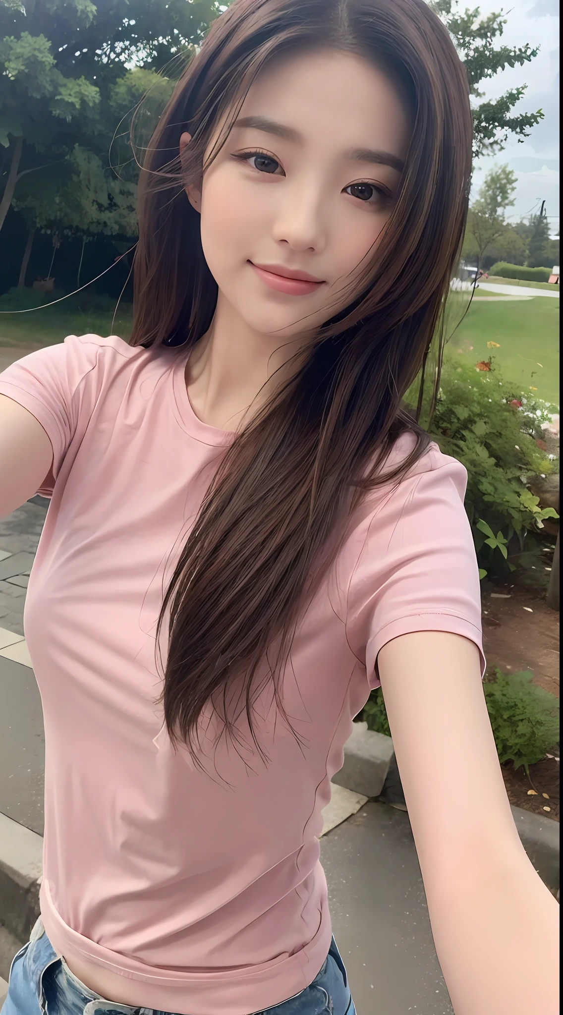 ((Realistic lighting, best quality, 8k, masterpiece: 1.3)), sharp focus: 1.2, 1 girl, beauty with perfect body: 1.4, slender abs: 1.1, ((layered hairstyle)), (pink T-shirt: 1.4), (outdoor: 1.1), ultra-fine face, fine eyes, double eyelids, smile, looking at the camera, selfie,