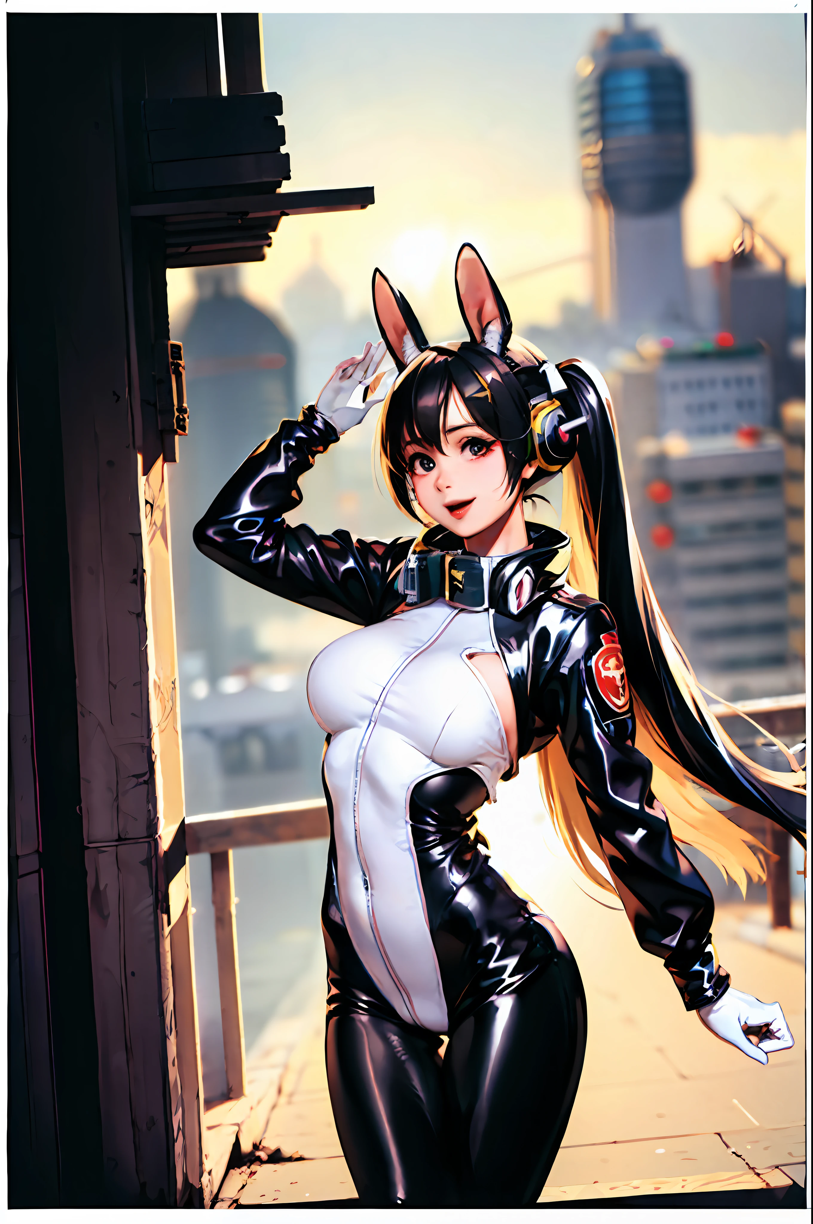(RAW Photos, Best Quality, Masterpieces: 1.2), (Realistic), ((Photoreal: 1.4)), (Masterpieces: 1.4), (Best Quality: 1.4), 1 Girl, Solo, :d, Beast Ears Headphones, Beast Ears, Arm Up, Bangs, Blush, Bodysuit, Chest, Bunny Pose, Clothes Writing, Covered Navel, Cowboy Shot, Cropped Jacket, Fake Animal Ears, Gloves, Outdoor, Morning, Snow, hair intake, headphones, impossible bodysuit, impossible clothes, jacket, big, latex, ((latex bodysuit)), long hair, long sleeves, looking at viewer, big breasts, multicolored gloves, open mouth, ((white bodysuit)), clean black eyes, shrugging,tight to skin, smile, thigh gap, thighs, twin tails, very long hair, white gloves, iridescent hair, Alice \ (Nicke), (shiny skin), real, ((dancing while spinning)), full body shot, toe, joyful, fun, (((jump)), futuristic city, backlit,