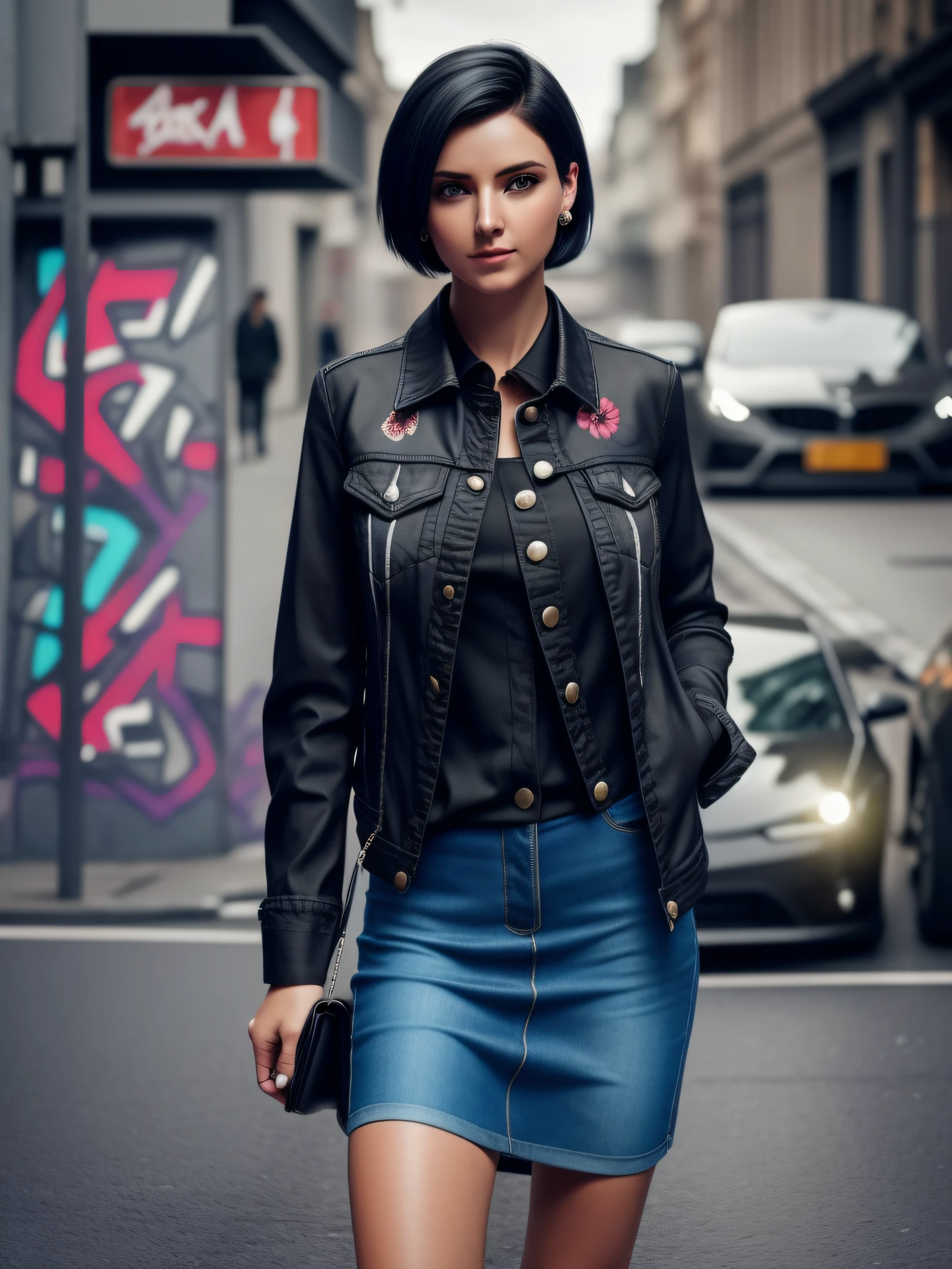 street girl, modern style dress, dressed in red silk blouse, with black denim jacket with buttons, no bra underneath, black jeans, with short black hair, a flower tattoo on the arm, green eyes, ((full body)), ((perfect face)),((perfect iris eyes)), walking in the city at night, on street with some cars and walls with graffiti art,  Social realism, Realism, ray tracing, reflection light, high quality, high details, super detail, 8k, 16k, best quality