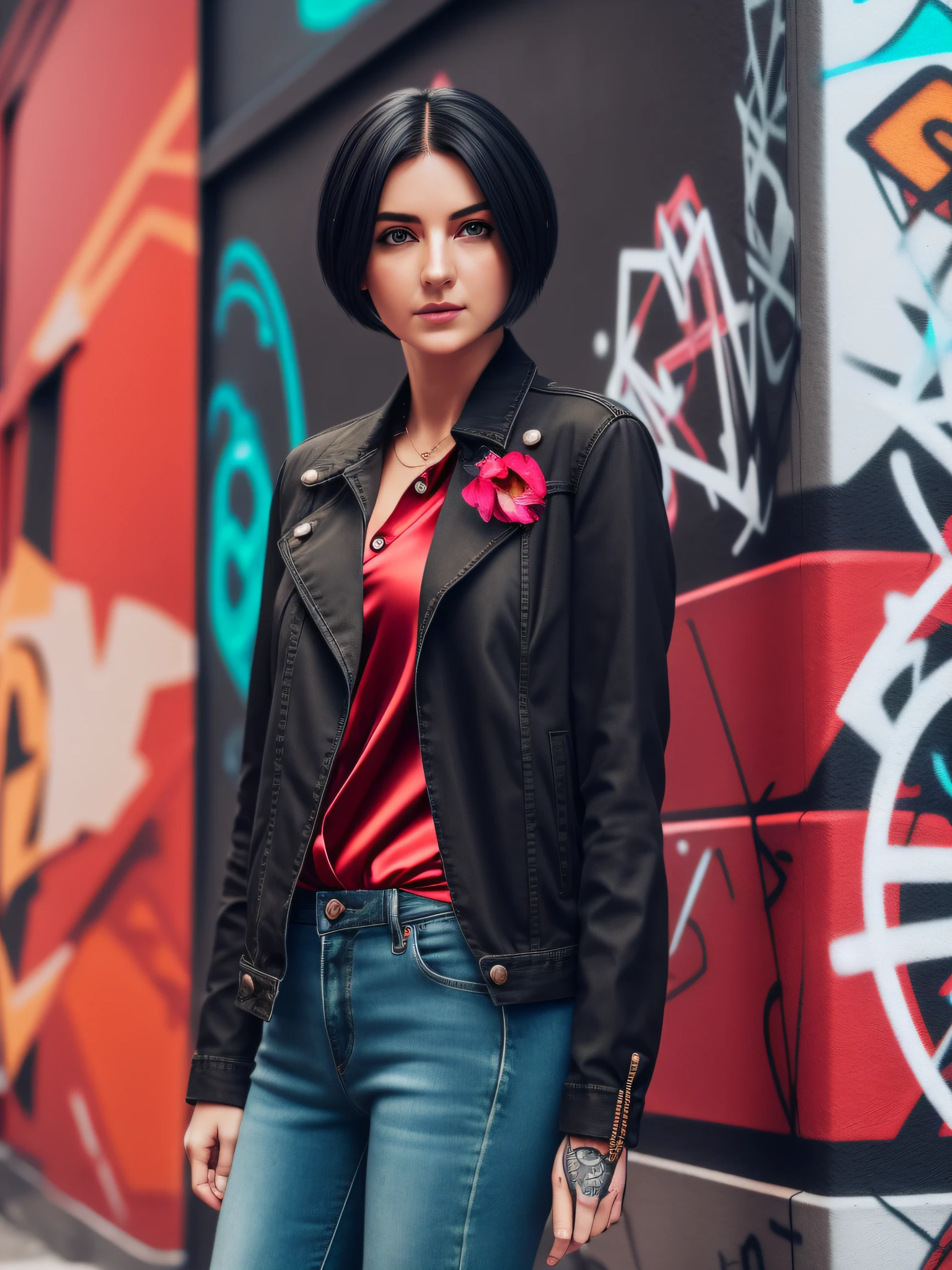 street girl, modern style dress, dressed in red silk blouse, with black denim jacket with buttons, no bra underneath, black jeans, with short black hair, a flower tattoo on the arm, green eyes, ((full body)), ((perfect face)),((perfect iris eyes)), walking in the city at night, on street with some cars and walls with graffiti art,  Social realism, Realism, ray tracing, reflection light, high quality, high details, super detail, 8k, 16k, best quality