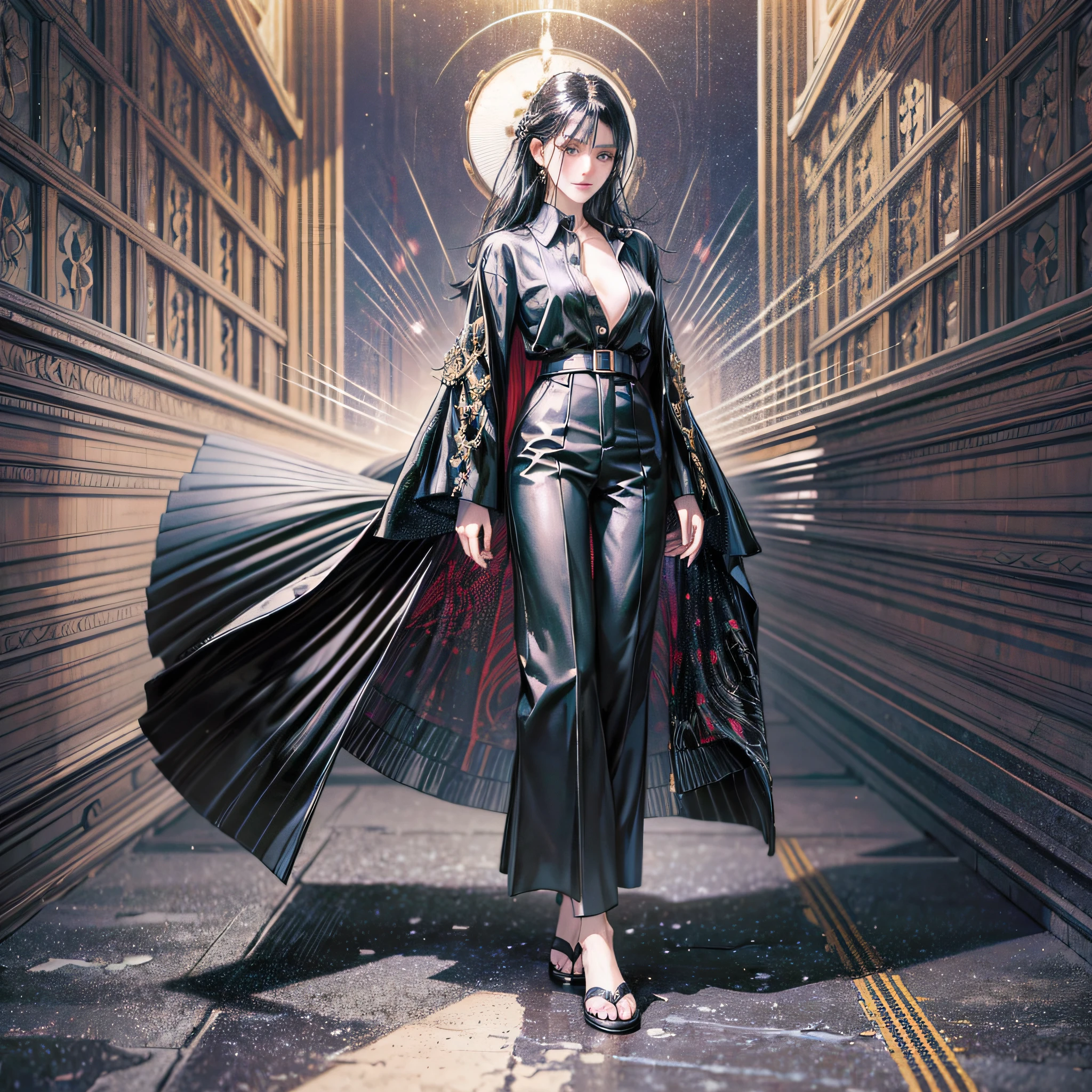 Mode fashion, black, shirt, jacket, wide pants, well-designed clothing, stylish, yohji yamamoto, only one model, model is a transcendently beautiful white woman, european face, western face, hairstyle is black hair, model is a live-action picture, model shows her whole body up to her feet