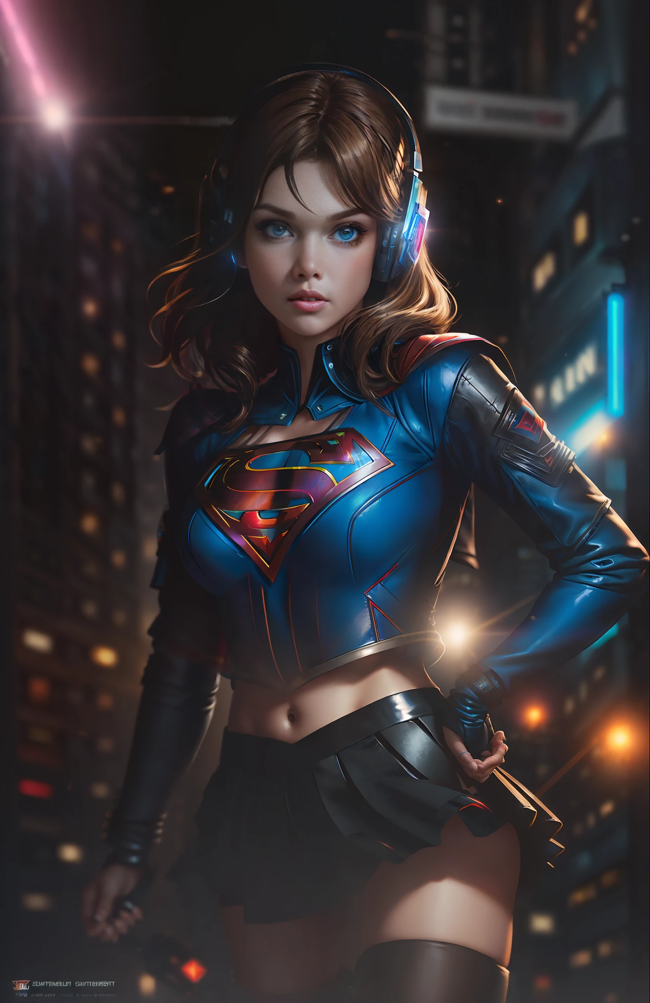 Best quality, realistic, brunette, award-winning Supergirl illustration, (complicated detail: 1.2), (fine detail), (complicated detail), (cinematic lights, best quality backlight), sharp lines, sharp focus, official art, unit 8k wallpaper, absurd, unbelievably absurd, huge file size, ultra- (in_main_street:1.21), (neon lamp), fantasy art, rtx,((triangle closeup photo by award-winning studio)),  1Supergirl, very pretty, (shut up), small breasts, ((Cyberpunk city Street, Battle Maiden)), perfect hands, beautiful detailed blue eyes, Perfect Face, short black hair (Cyberpunk blouse, leather jacket, Martin boots) ,,(headphones_around_hair),((pleated skirt) ), ((supermodel pose)),