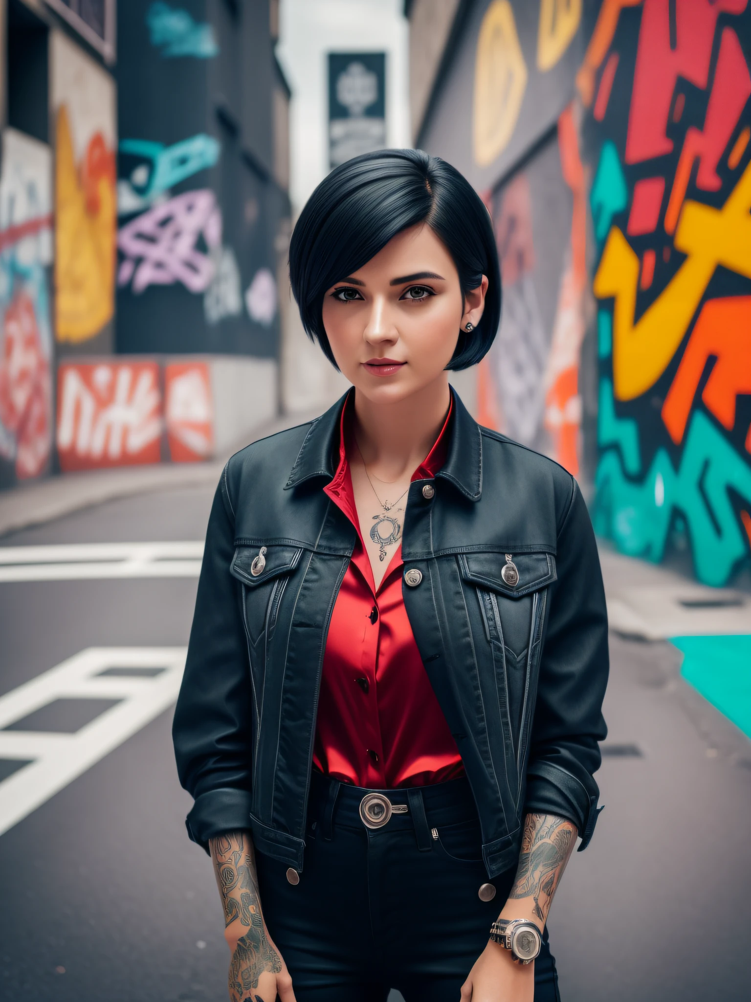 street girl, modern style dress, dressed in red silk blouse, with black denim jacket with buttons, no bra underneath, black jeans, with short black hair, a flower tattoo on the arm, green eyes, ((full body)), ((perfect face)),((perfect iris eyes)), walking in the city at night, on street with some cars and walls with graffiti art,  Social realism, Realism, ray tracing, reflection light, high quality, high details, super detail, 8k, 16k, best quality