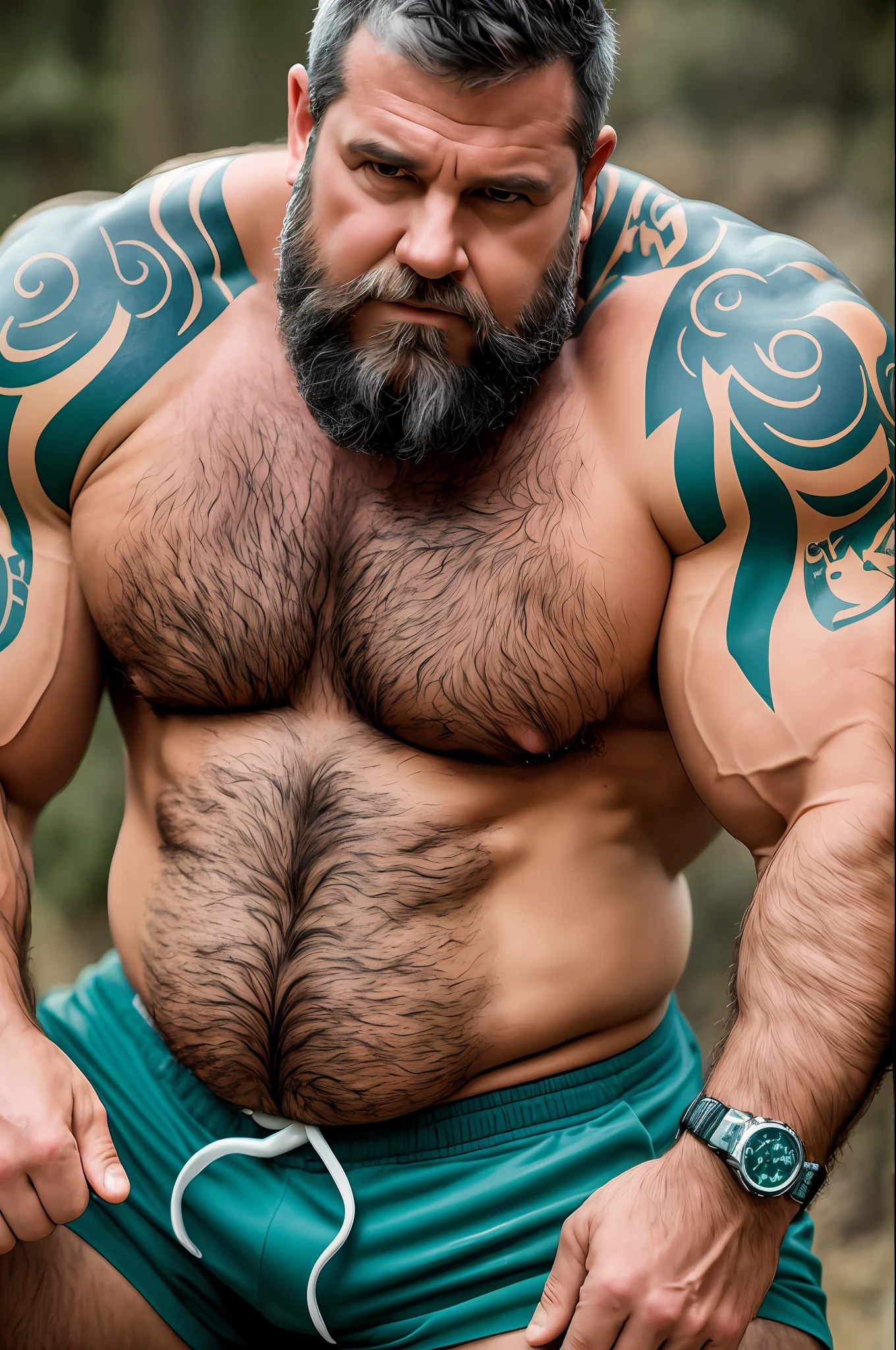 A portrait full body photograph A tractive mid age balg Strong, muscular, hairy big belly, hairy chest and abdominal wearing a teard shorts showing his huge legs muscles, hairy pubis, in the style of light brown and teal, moody colors, curvilinear, textural layering, utilizes, velvia, media-savvy, sharp photo, HD, 8k --auto --s2