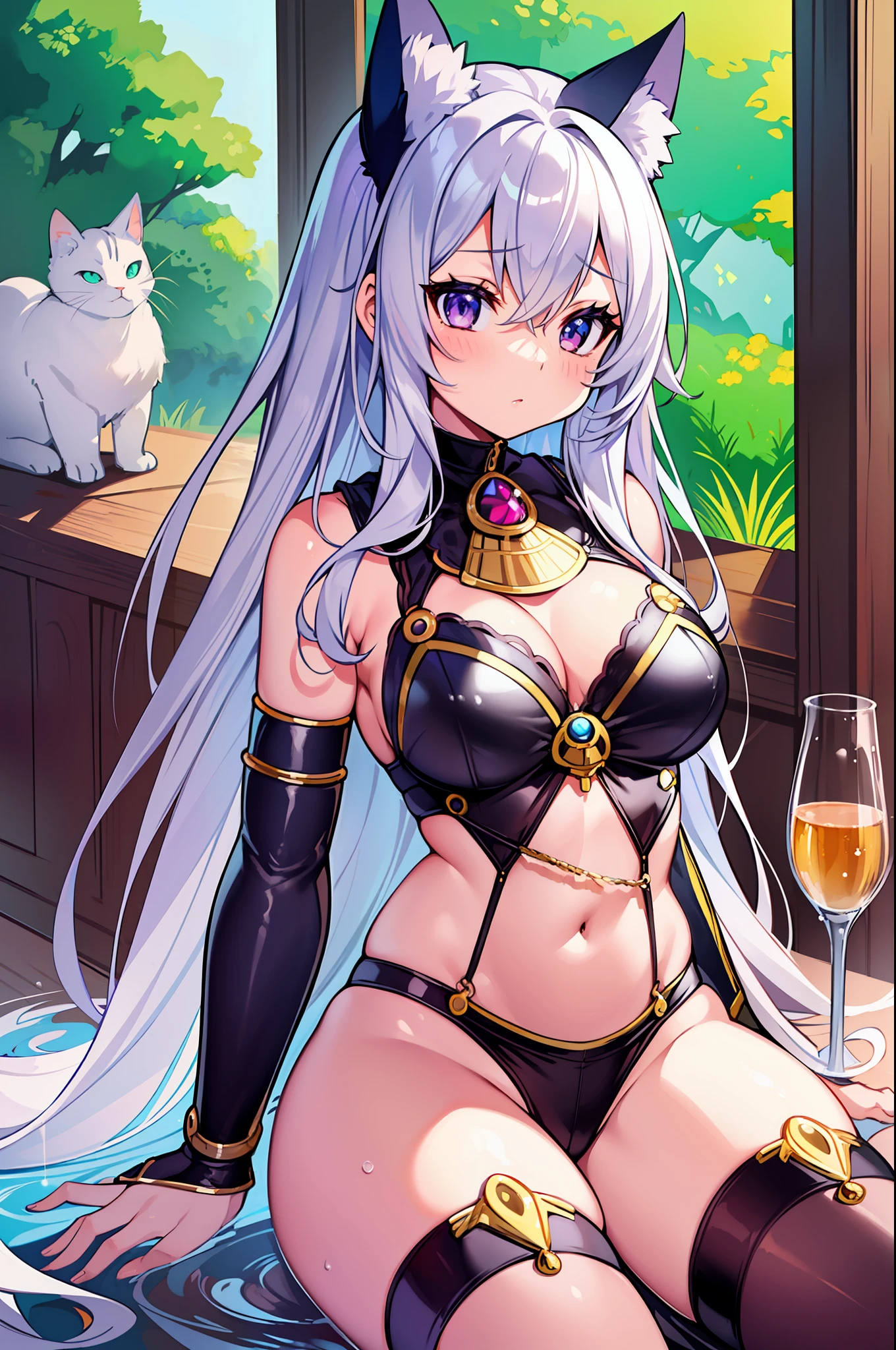 (Masterpiece), (Top Quality Anime Illustration), (Super Definition), One Girl, Solo, Silver-haired Beautiful Girl, Anime Loli, Cat Ear Loli, Petite, Small Breasts, Cleavage Emphasis, Underboob, Thigh Emphasis, Bastet God Costume, See-through, Egyptian Mythology, Water