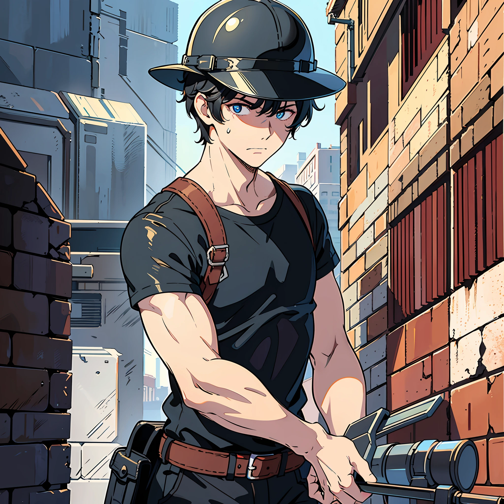 1 man, short black hair, blue pupils, handsome, black shirt, standing in the sun, wearing a red hard hat, holding a brick in his hand, sweat, painful expression