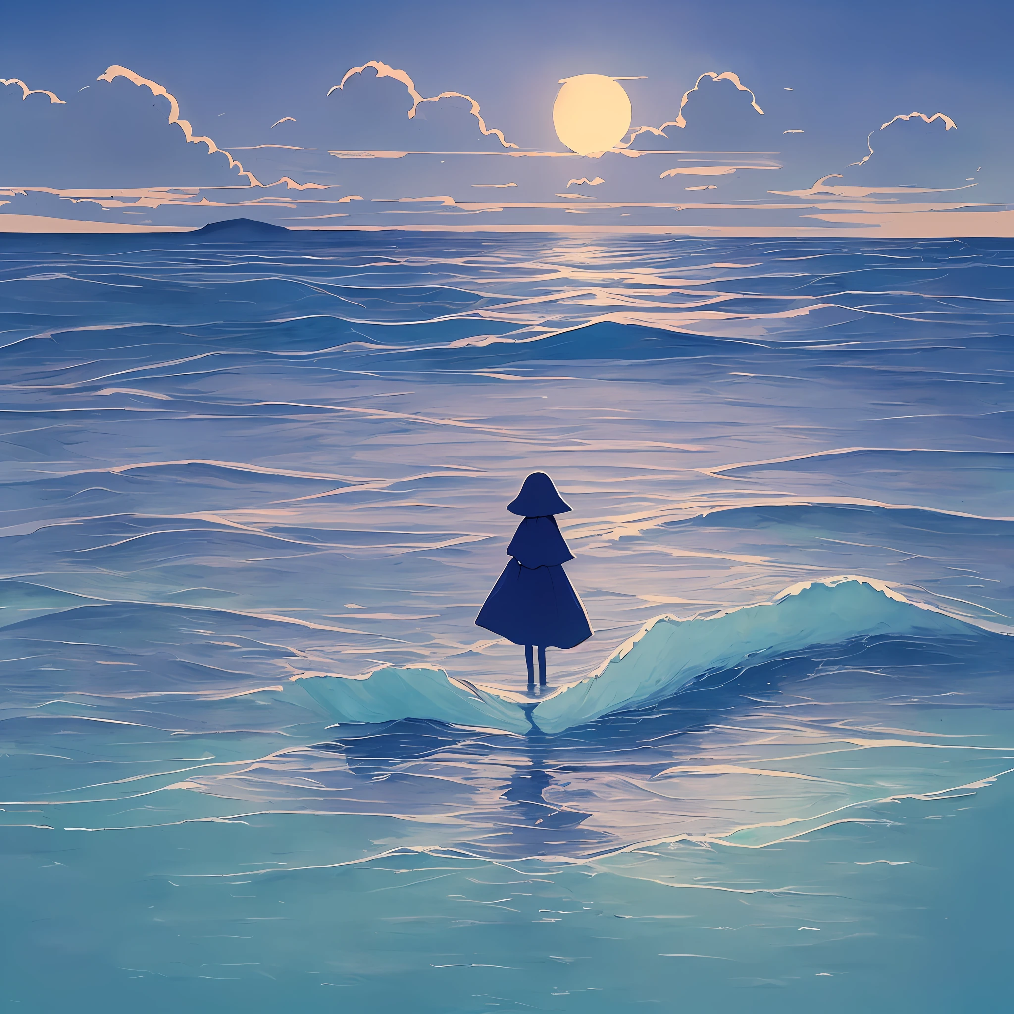 (illustration style), super detailed, (minimalism + minimalist color matching), calm sea, small scale silhouettes, absurd atmosphere, (dull masterpiece), stick figure girl, extreme detail, super high quality, blue purple painting style, sky shining sun. Hurricane. " --auto --s2
