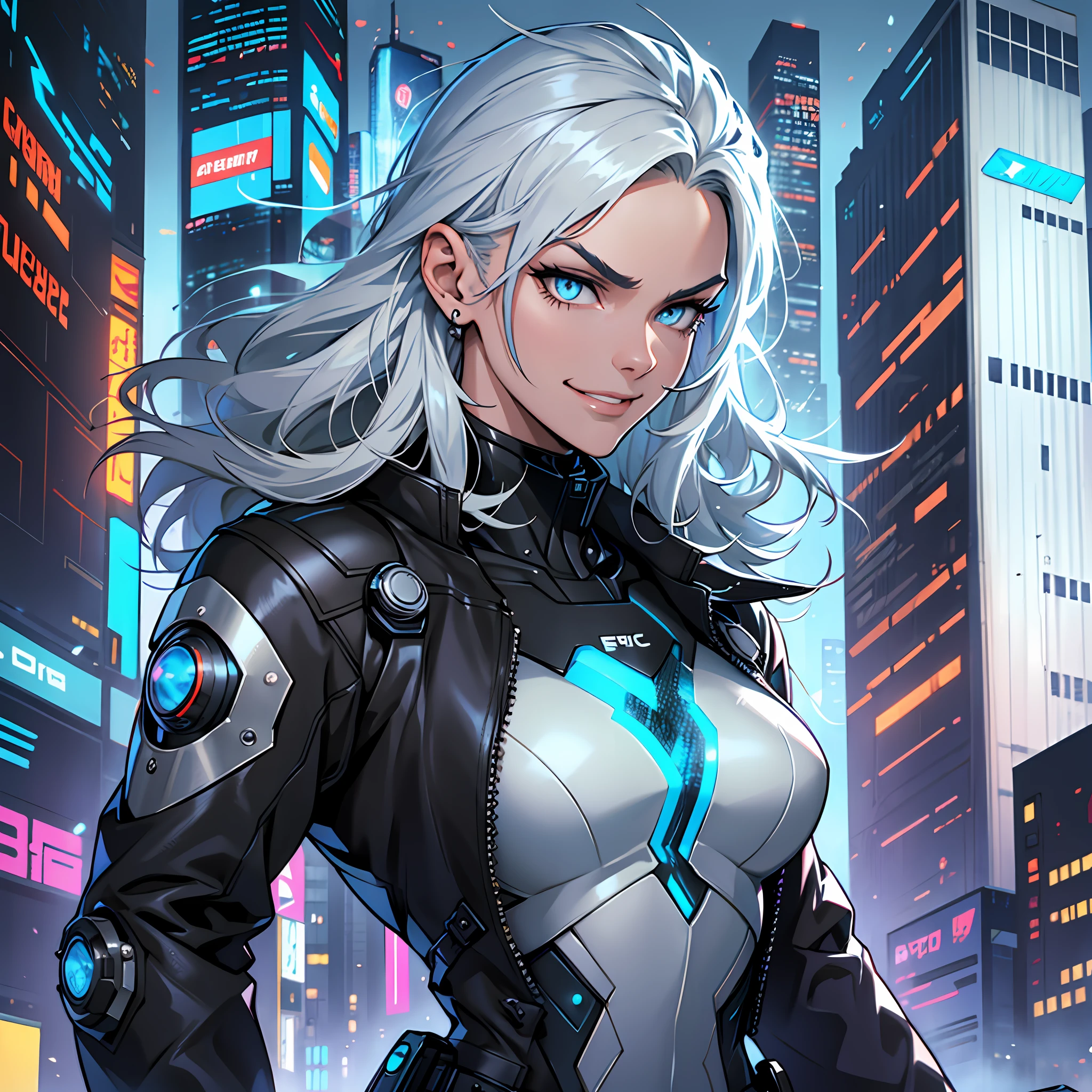 Silver hair, electric blue lock, amber eyes, cyberpunk style, black leather suit, metallic details, futuristic lines, high boots, military trench coat, intense look, defiant smile, arched eyebrows, bold and brave, skillful and agile, loyal and protective, scene in a skyscraper, futuristic city, cybernetic animal holograms, energy sword, wind blowing, epic challenge.