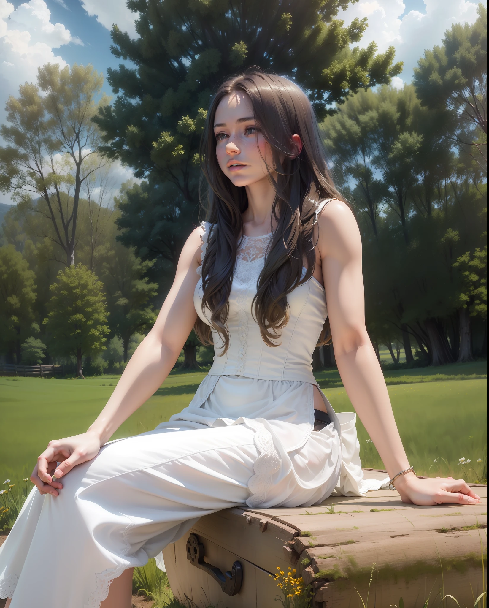 (realistic:1.3), finely detailed, quality, rembrandt lighting, (masterpiece:1.2), (photorealistic:1.2), (best quality), (detailed skin:1.3), (intricate details), dramatic, ray tracing, 1girl, american white girl, blonde hair, 21 years old, medium breasts, (Meadow, Sun, Clouds, Field, Farming, Starlight, Walking trail)