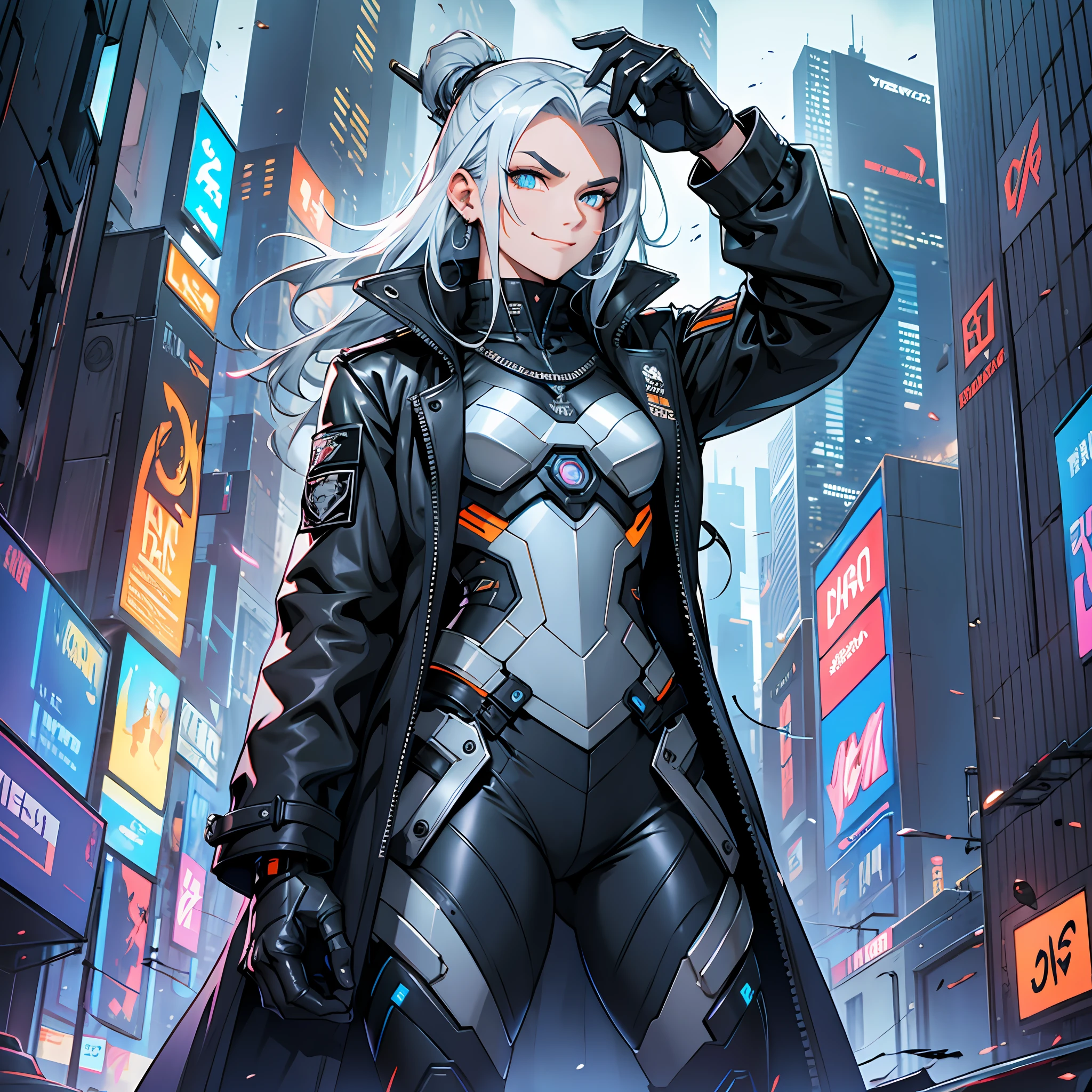 Silver hair, electric blue lock, amber eyes, cyberpunk style, black leather suit, metallic details, futuristic lines, high boots, military trench coat, intense look, defiant smile, arched eyebrows, bold and brave, skillful and agile, loyal and protective, scene in a skyscraper, futuristic city, cybernetic animal holograms, energy sword, wind blowing, epic challenge.