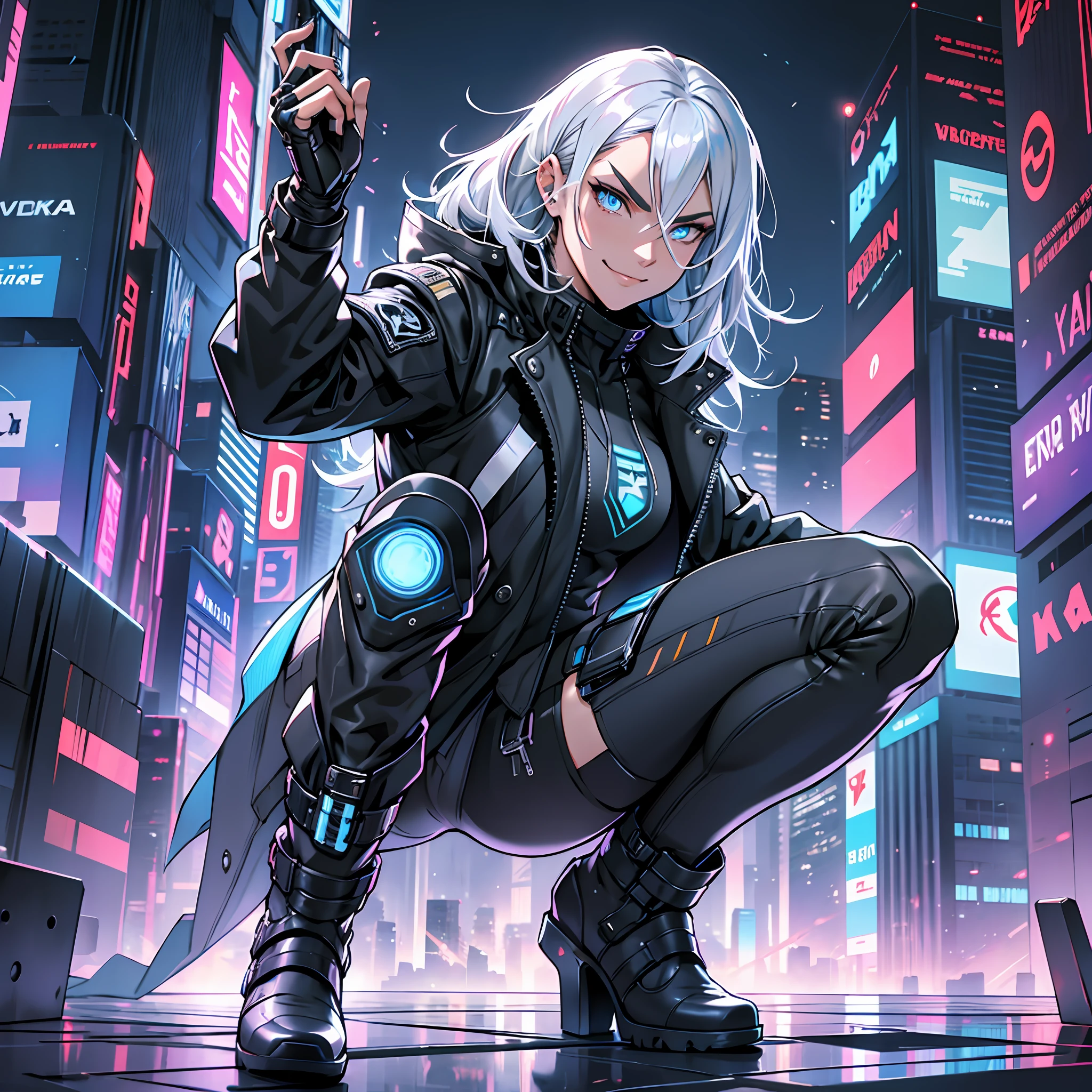 Silver hair, electric blue lock, amber eyes, cyberpunk style, black leather suit, metallic details, futuristic lines, high boots, military trench coat, intense look, defiant smile, arched eyebrows, bold and brave, skillful and agile, loyal and protective, scene in a skyscraper, futuristic city, cybernetic animal holograms, energy sword, wind blowing, epic challenge.