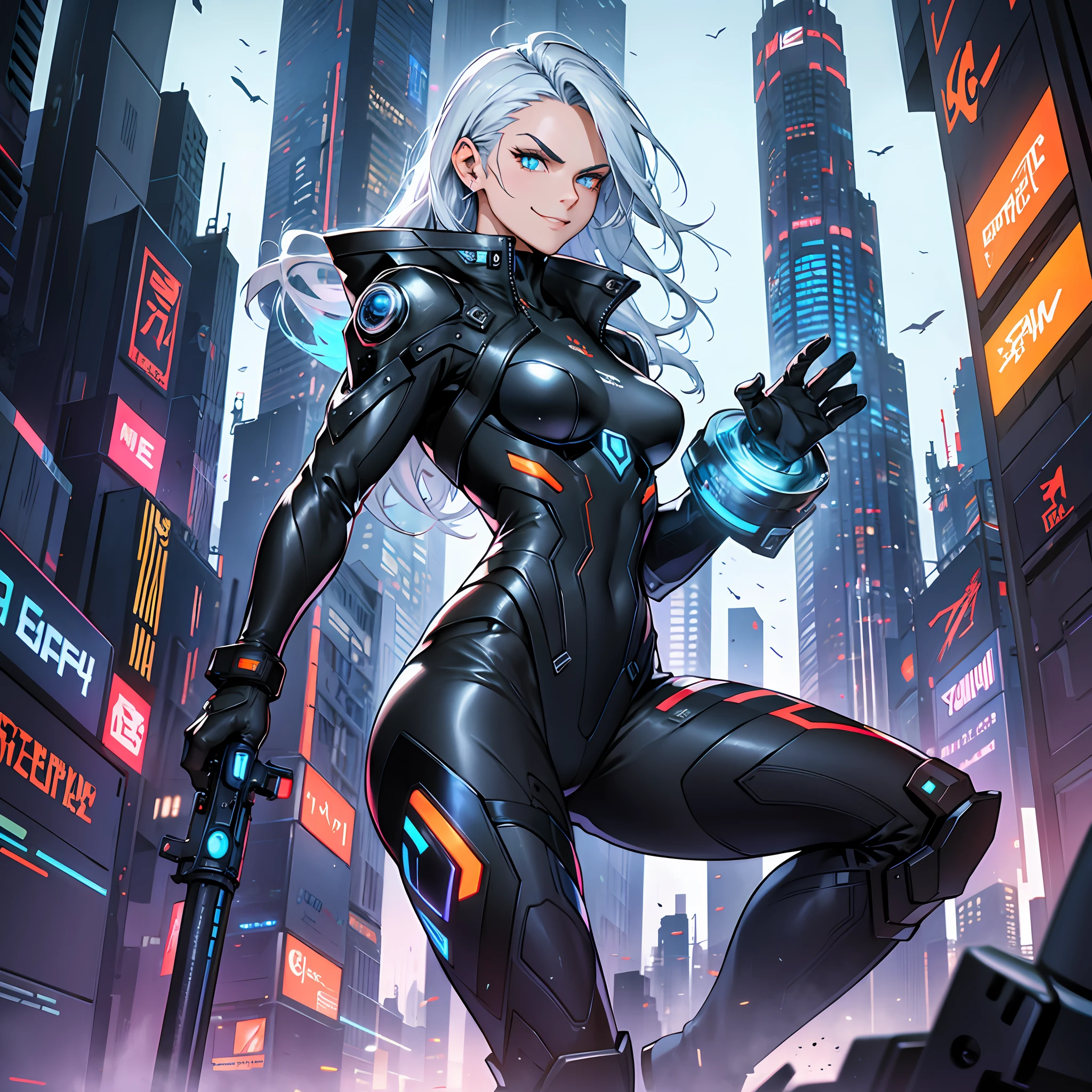 Silver hair, electric blue lock, amber eyes, cyberpunk style, black leather suit, metallic details, futuristic lines, high boots, military trench coat, intense look, defiant smile, arched eyebrows, bold and brave, skillful and agile, loyal and protective, scene in a skyscraper, futuristic city, cybernetic animal holograms, energy sword, wind blowing, epic challenge.