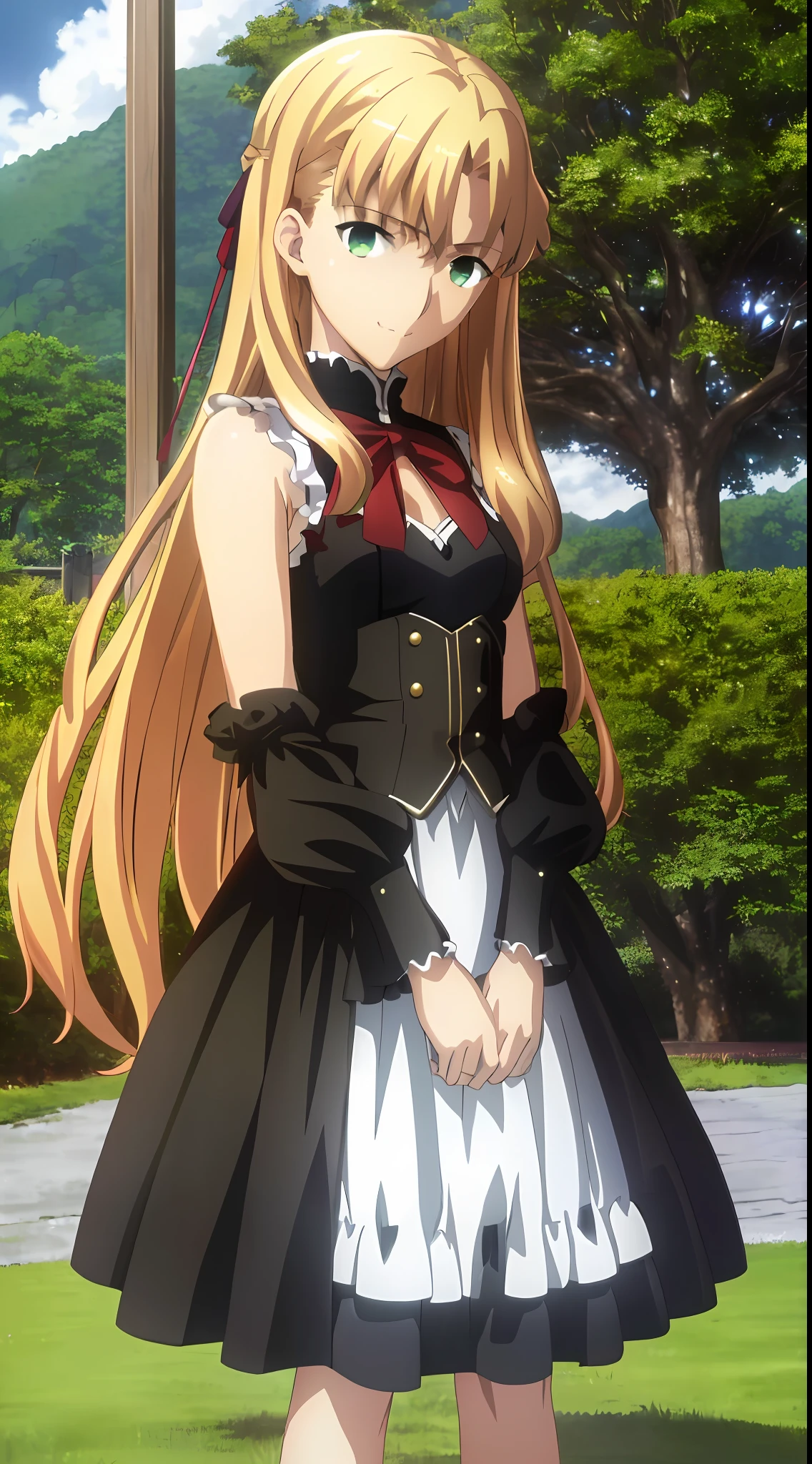 (masterpiece, best quality, ultra resolution, high-res, ufotable screen cap, official art, closeup), 1girl, solo, blonde very long hair, green eyes, detailed eyes, beautiful detailed eyes, detailed hands, sleeveless white shirt, black skirt, (small breasts, Loli:1.2), grin, looking at viewer
