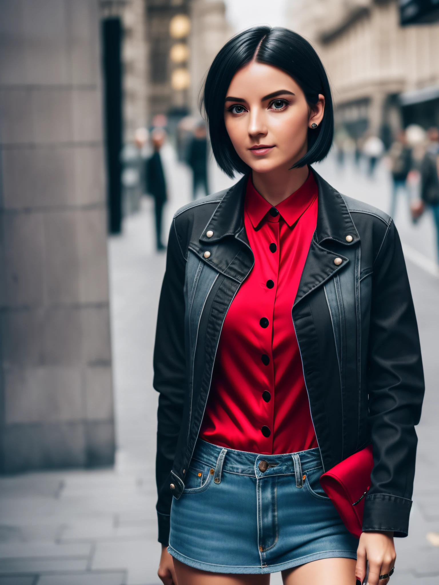 street girl, modern style dress, dressed in red silk blouse, with black denim jacket with buttons, no bra underneath, black jeans, with short black hair, a tattoo of flowers on the arm, green eyes, ((full body)), ((perfect face)),((perfect iris eyes)), walking in the city of london, on the street with some cars, Social realism,  Realism, ray tracing, reflection light, high quality, high details, super detail, 8k, 16k, best quality