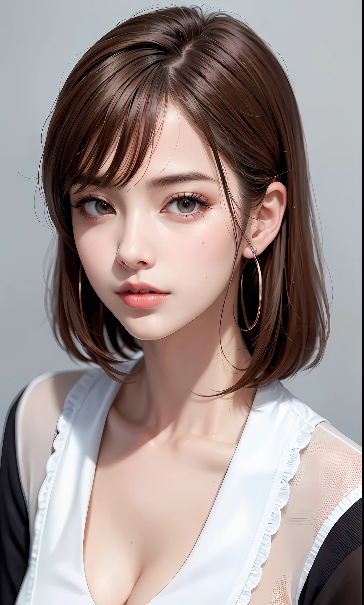 (8k, RAW Photo, Photorealistic: 1.25), (Lip Gloss, Eyelashes, Glossy Face, Glossy Skin, Best Quality, Ultra High Resolution, Depth of Field, Chromatic Aberration, Caustics, Wide Lighting, Natural Shading, Kpop Idol) The viewer looks calm and goddess-like euphoria, brown hair, clothes see-through, shiny lips, liquid on it, bust up, Nurse Uniform