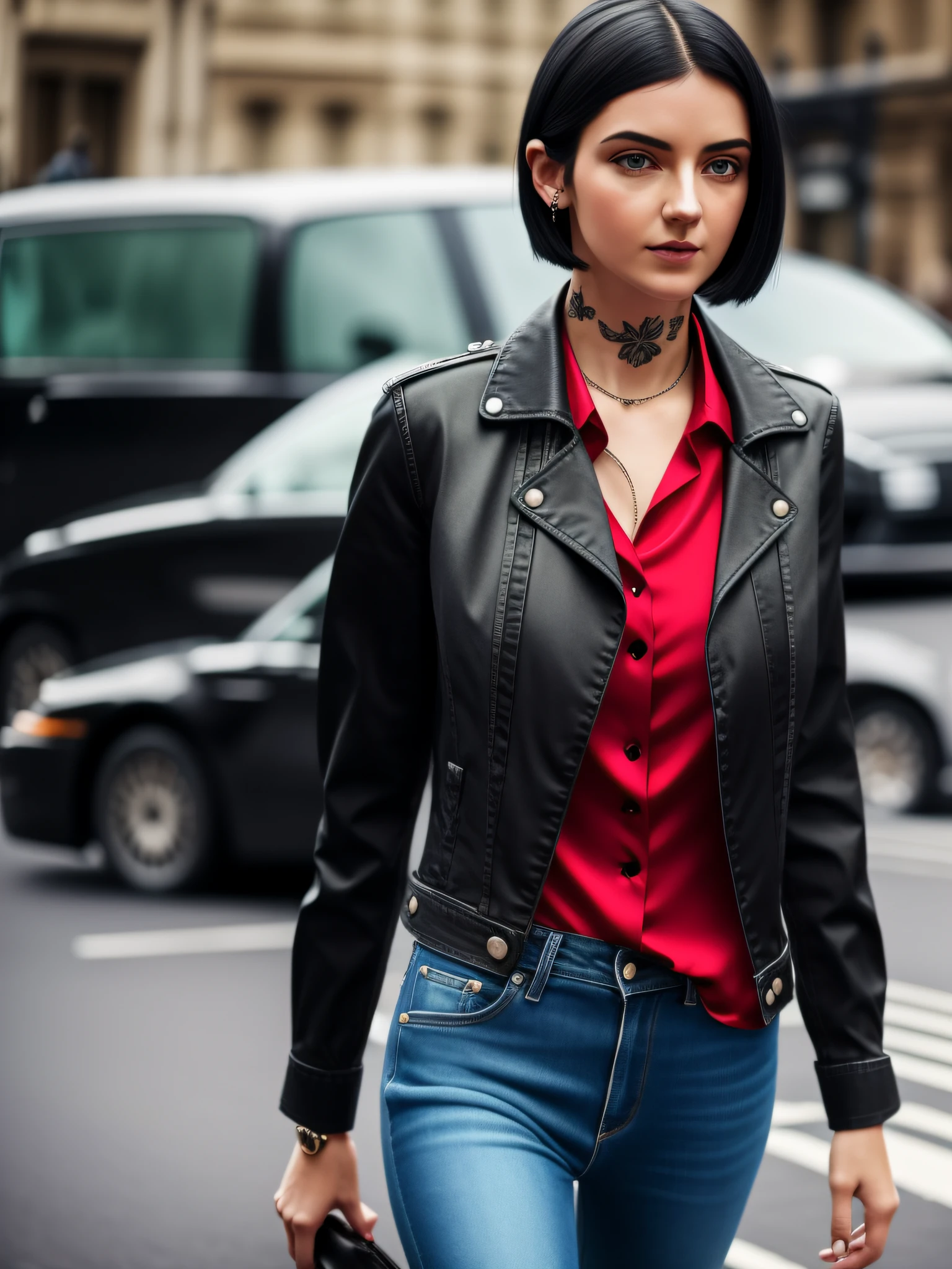 street girl, modern style dress, dressed in red silk blouse, with black denim jacket with buttons, no bra underneath, black jeans, with short black hair, a tattoo of flowers on the arm, green eyes, ((full body)), ((perfect face)),((perfect iris eyes)), walking in the city of london, on the street with some cars, Social realism,  Realism, ray tracing, reflection light, high quality, high details, super detail, 8k, 16k, best quality