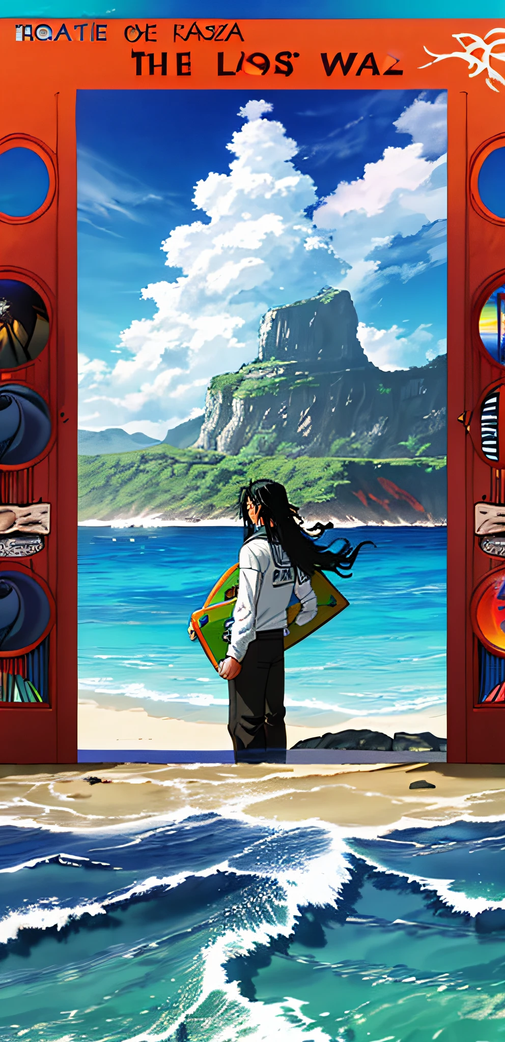(((dramatic))), (((gritty))), (((intense)))) (("THE LOST PARADISE")) The movie poster features as the central character thats a toned blackskin long hair. young man in the shade of the coconut tree, sem camisa, regata preta, bermuda de surf preta com detalhes dourados, roupa de surf, praia, looking down, luminous, dark skin, long black hair with dreads, long wavy hair, The background is a summer island paradise with a feeling of mystic, The text is bold and eye-catching, with catchy slogans that add to the overall drama and excitement. dynamic and visual impact. the title is "THE LOST PARADISE" (magazine:1.3), (cover-style:1.3) , (title "THE LOST PARADISE") vibrant, posing, front, colorful, dynamic, title, bigger, eye-catching, focused, stylish, Fighting stance, battle shonen, dragon ball z, anime style, clenched fist, dragon ball z style, best quality, capa de mangá classica. Summer, sun, beach, coconut palms, swell sea, nature, light blue sky, island paradise, big waves, surfer surfing the big waves in the background, sand particles and sea air in the air, mystical, mysterious, natural atmosphere, sitting on the stone with moss and vegetation, flowers, boards buried in the sand of the beach in the background, ilha paradisiaca, magia, arte incrivel de tirar o folego, sol, rastafary colors