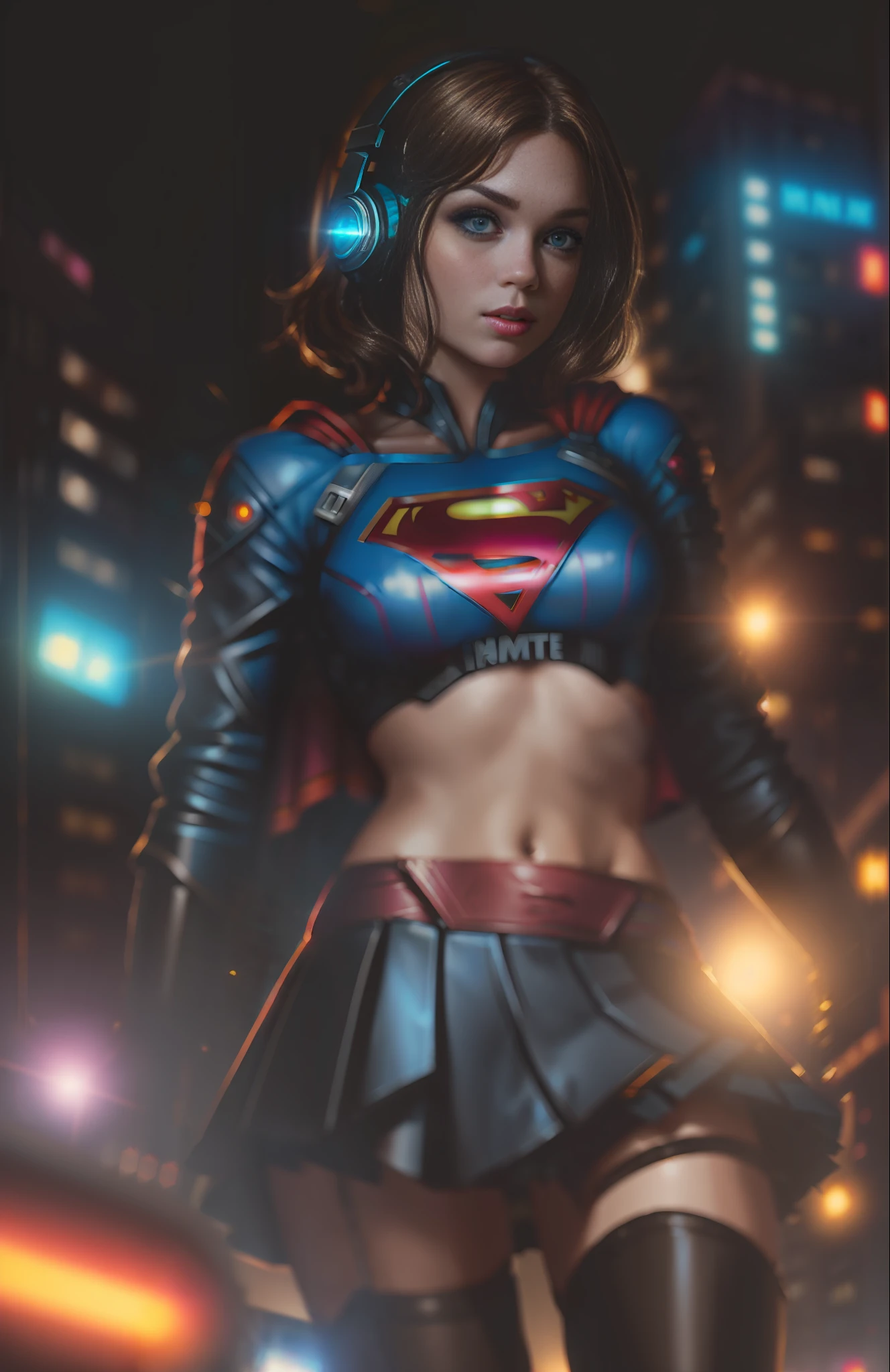 Best quality, realistic, brunette, award-winning Supergirl illustration, (complicated detail: 1.2), (fine detail), (complicated detail), (cinematic lights, best quality backlight), sharp lines, sharp focus, official art, unit 8k wallpaper, absurd, unbelievably absurd, huge file size, ultra- (in_main_street:1.21), (neon lamp), fantasy art, rtx,((triangle closeup photo by award-winning studio)), 1Supergirl, very pretty, (shut up), small breasts, ((Cyberpunk city Street, Battle Maiden)), perfect hands, beautiful detailed blue eyes, Perfect Face, short black hair (Cyberpunk blouse, leather jacket, Martin boots) ,,(headphones_around_hair),((pleated skirt) ), ((supermodel pose)),