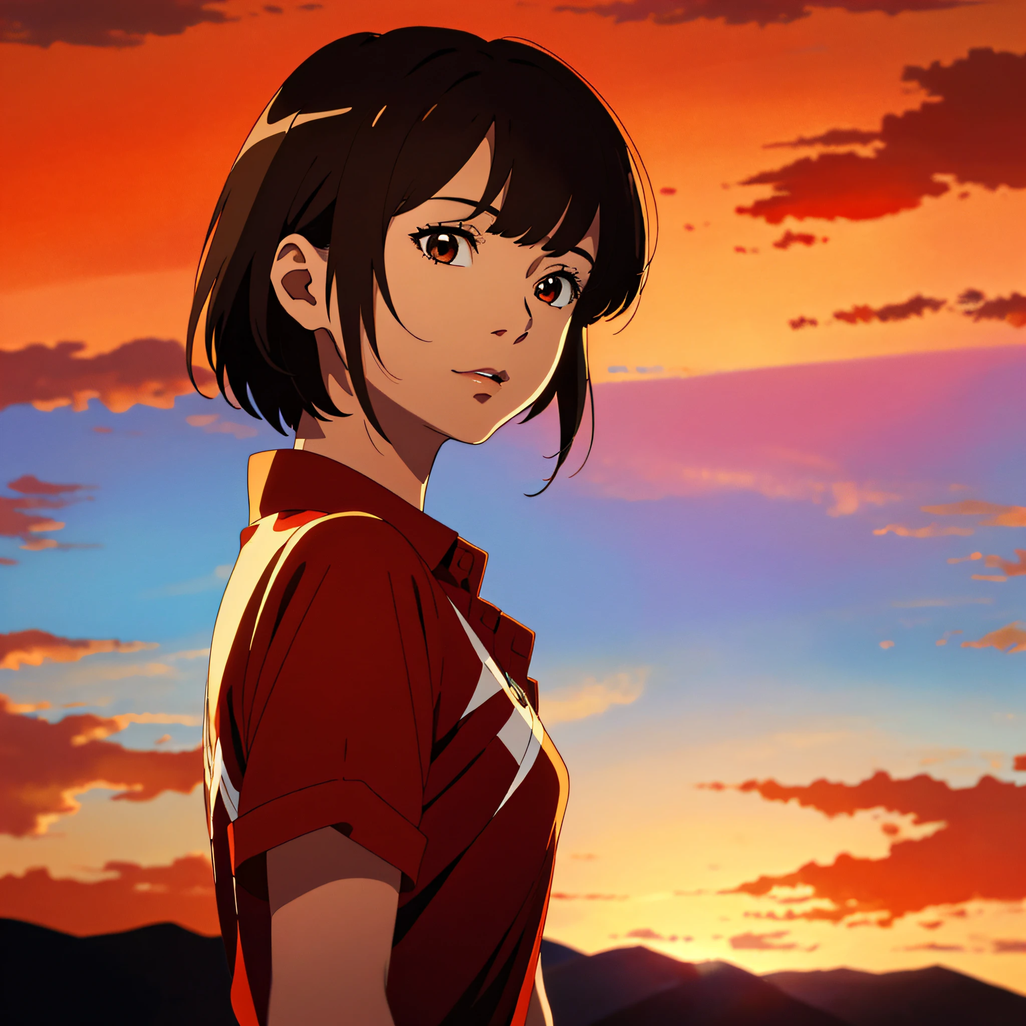 (Masterpiece: 1.2, highest quality), (Lighting) 3, detailed anime style illustration, young pretty woman looking up at the sunset, (glossy skin: 1.2), standing, brown short hair, bangs, low angle, face up, solo, red shirt, Makoto Shinkai, anime style, dyed red by the setting sun, the background is only red sky