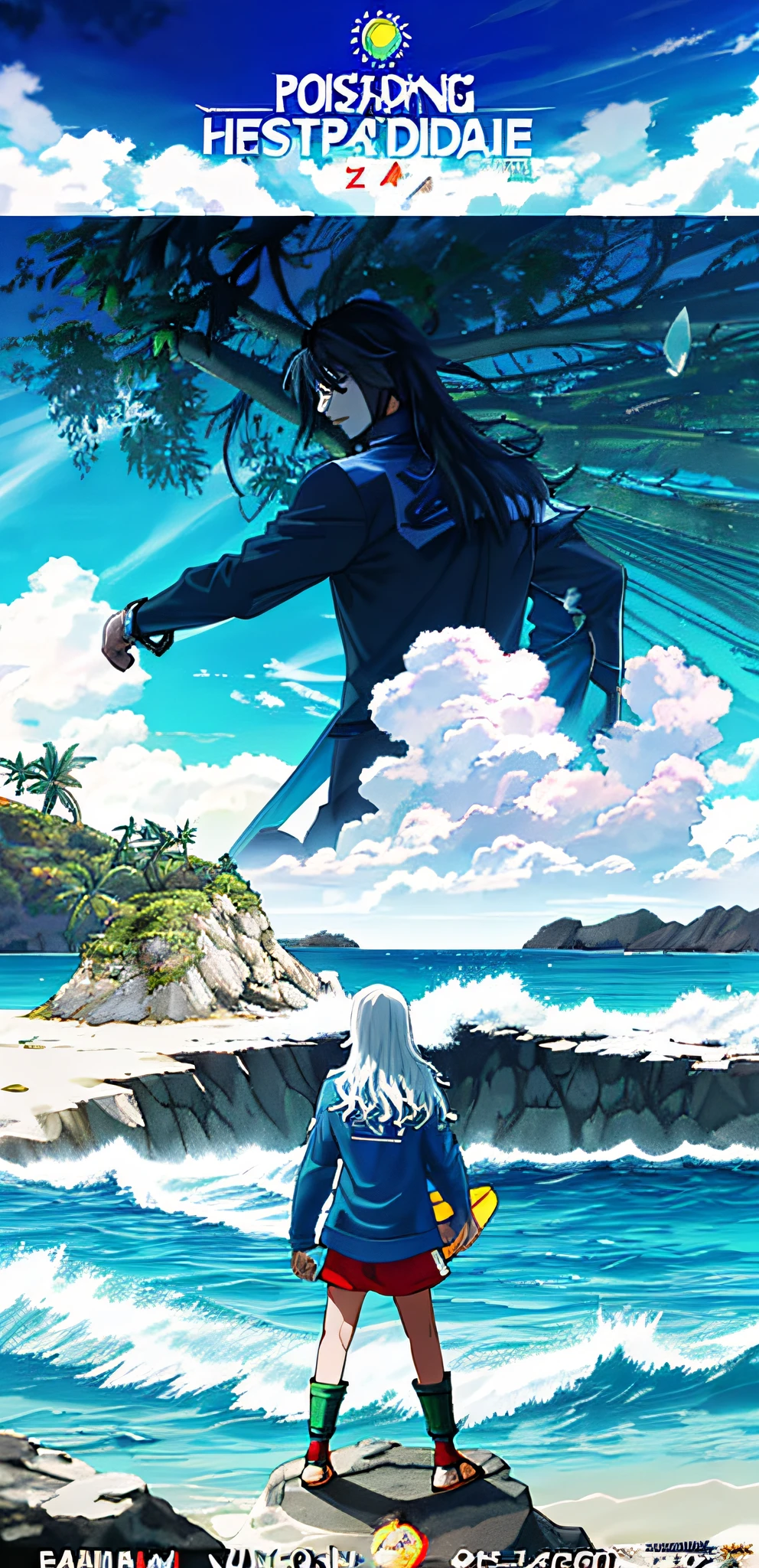 (((dramatic))), (((gritty))), (((intense)))) (("THE LOST PARADISE")) The movie poster features as the central character thats a toned blackskin long hair. young man in the shade of the coconut tree, sem camisa, regata preta, bermuda de surf preta com detalhes dourados, roupa de surf, praia, looking down, luminous, dark skin, long black hair with dreads, long wavy hair, The background is a summer island paradise with a feeling of mystic, The text is bold and eye-catching, with catchy slogans that add to the overall drama and excitement. dynamic and visual impact. the title is "THE LOST PARADISE" (magazine:1.3), (cover-style:1.3) , (title "THE LOST PARADISE") vibrant, posing, front, colorful, dynamic, title, bigger, eye-catching, focused, stylish, Fighting stance, battle shonen, dragon ball z, anime style, clenched fist, dragon ball z style, best quality, capa de mangá classica. Summer, sun, beach, coconut palms, swell sea, nature, light blue sky, island paradise, big waves, surfer surfing the big waves in the background, sand particles and sea air in the air, mystical, mysterious, natural atmosphere, sitting on the stone with moss and vegetation, flowers, boards buried in the sand of the beach in the background, ilha paradisiaca, magia, arte incrivel de tirar o folego, sol, rastafary