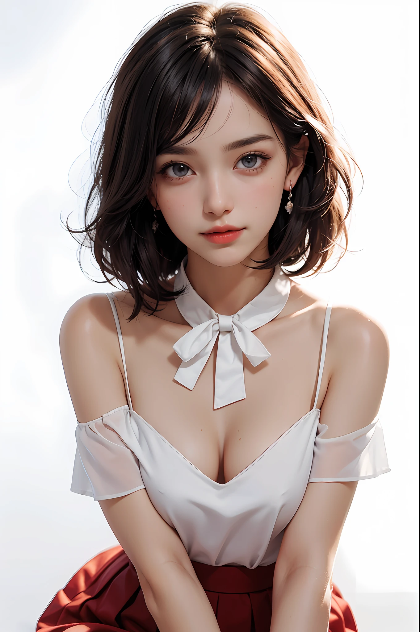 (RAW photo, best quality), (realistic, photorealistic: 1.2), close-up portrait photo, one woman, white background, nothing background, smile, (high definition skin: 1.4), big eyes, round eyes, crystal clear eyes, short hair, gorgeous hair, air bangs, dark brown black hair, white transparent shirt and bow tie, chest, big breasts, bright red pleated skirt, Soft lighting, high quality, gloss on the skin, gloss on the chest, gloss on the lips, gloss on the face, fair skin, great charm with transparency,