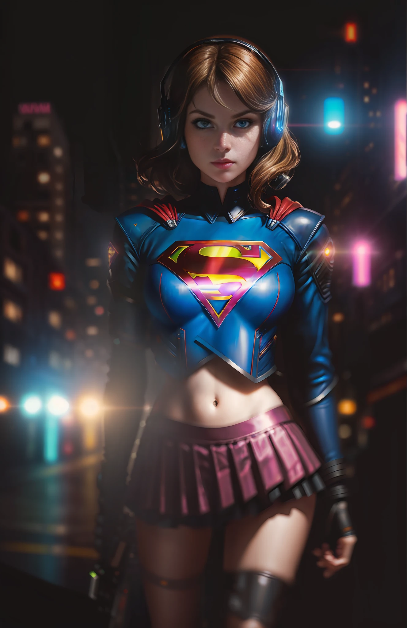 Best quality, realistic, brunette, award-winning Supergirl illustration, (complicated detail: 1.2), (fine detail), (complicated detail), (cinematic lights, best quality backlight), sharp lines, sharp focus, official art, unit 8k wallpaper, absurd, unbelievably absurd, huge file size, ultra- (in_main_street:1.21), (neon lamp), fantasy art, rtx,((triangle closeup photo by award-winning studio)),  1Supergirl, very pretty, (shut up), small breasts, ((Cyberpunk city Street, Battle Maiden)), perfect hands, beautiful detailed blue eyes, Perfect Face, short black hair (Cyberpunk blouse, leather jacket, Martin boots) ,,(headphones_around_hair),((pleated skirt) ), ((supermodel pose)),