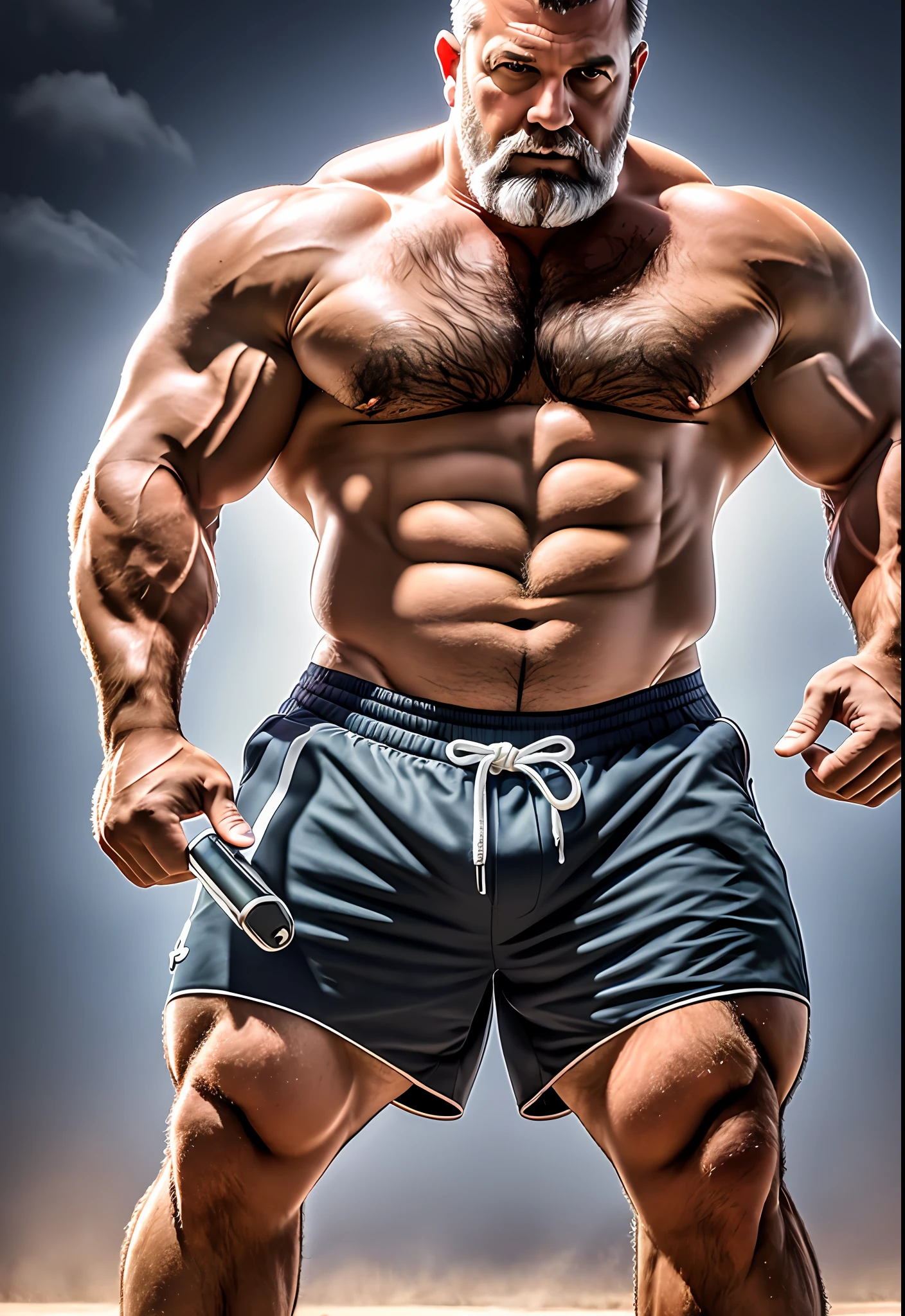 A portrait full body photograph A tractive mid age balg Strong, muscular, hairy big belly, hairy chest and abdominal wearing a teard shorts showing his huge legs muscles, hairy pubis, very detailed, shot on a Nikon Z7 II and Nikon NIKKOR Z 105mm f/2.8 VR S, chiaroscuro, hyperrealism, luminism, hd, 4k, 8k, best quality, UHD, masterpiece, super detail, best quality --auto --s2