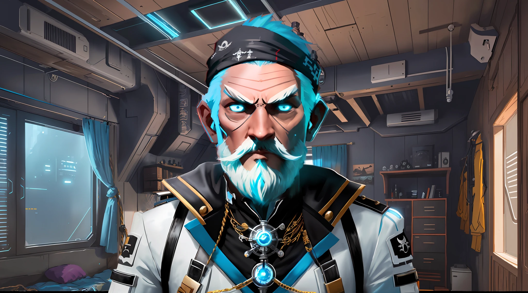 A futuristic white pirate uniform with extremely stylish black borders is symmetrical, and a light blue incandescent compass tied around the neck