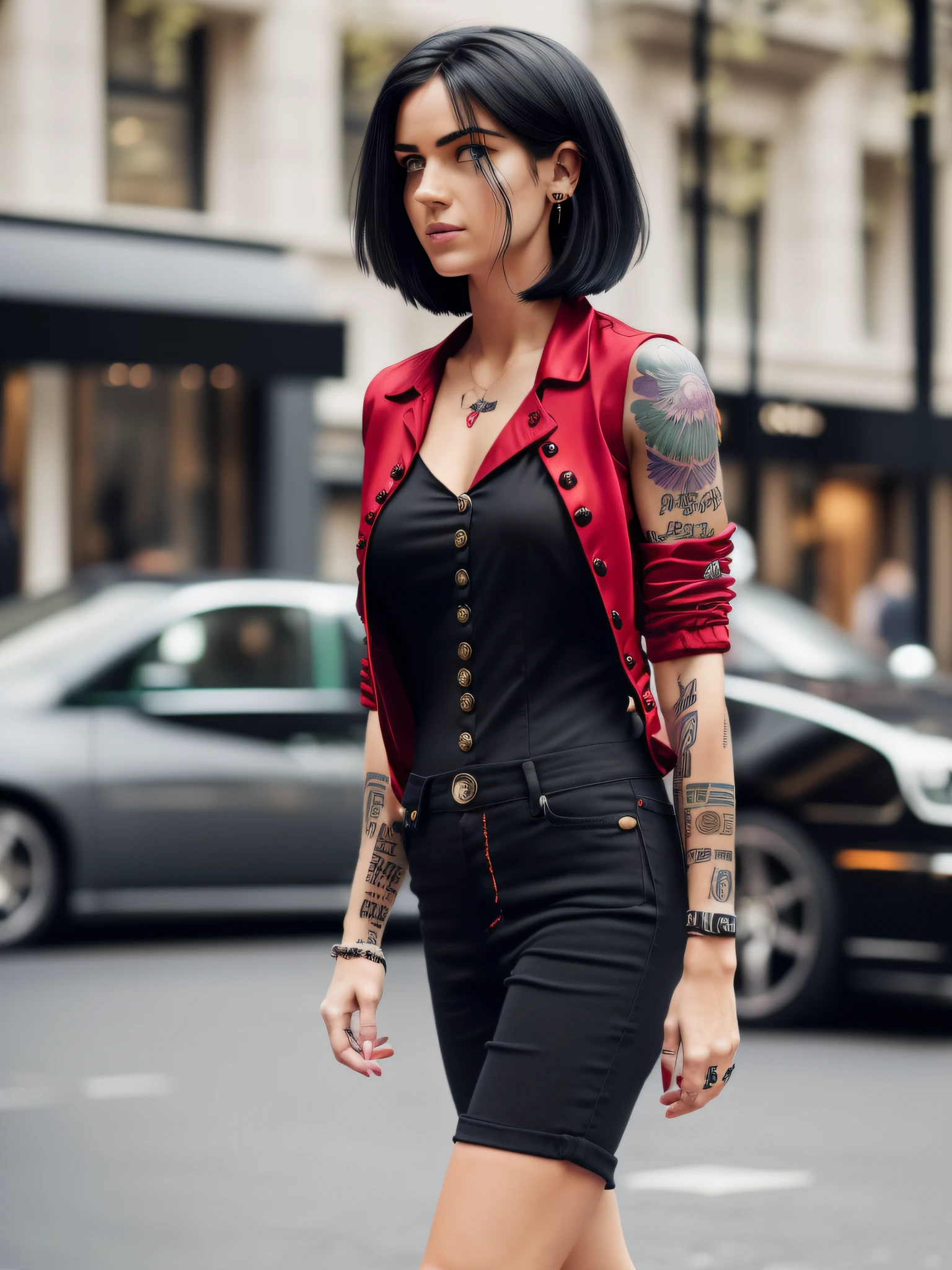 street girl, modern style dress, red silk top dress, no bra underneath, black jeans with rip, with blonde hair, a tribal tattoo on the arm, black eyes, ((full body) street girl, modern style dress, red silk blouse, with black denim jacket with buttons, no bra underneath, black jeans,  with short black hair, a tattoo of flowers on the arm, green eyes, (((full body)), ((perfect face)),((perfect iris eyes)), walking in the city of london, on street with some cars, Social realism, Realism, ray tracing, reflection light, high quality, high details, super detail, 8k, 16k, best quality