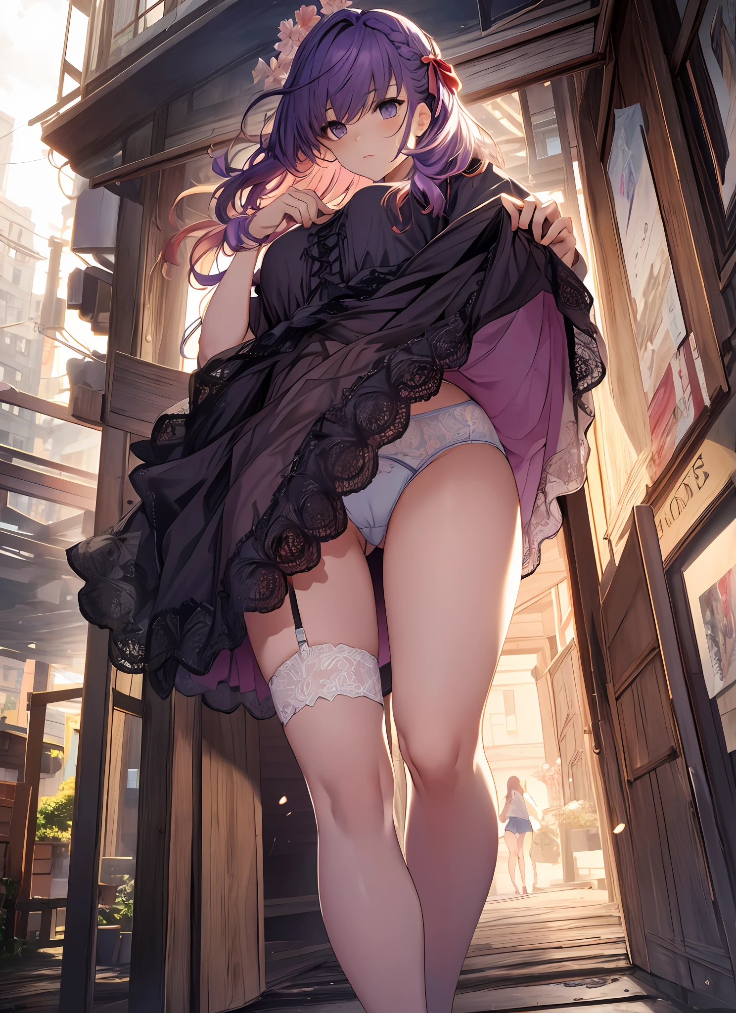 {{Masterpiece}}, illustration, best quality, extremely detailed CG Unity 8k wallpaper, 1girl_solo, full_body, from_below, looking_at_viewer, looking_down,(without shoes: 1.3), garden, figure,Purple hair, braid bangs,Red hair band,(sexy and charming panties),close-up of feet, hair_ribbon, intense edge light, flower, lift skirt, grasp skirt with hands, face the viewer, expose navel, (dress raised to chest: 1.3),cameltoe, panties with laces,(lacy underwear:1.3),leg_up,