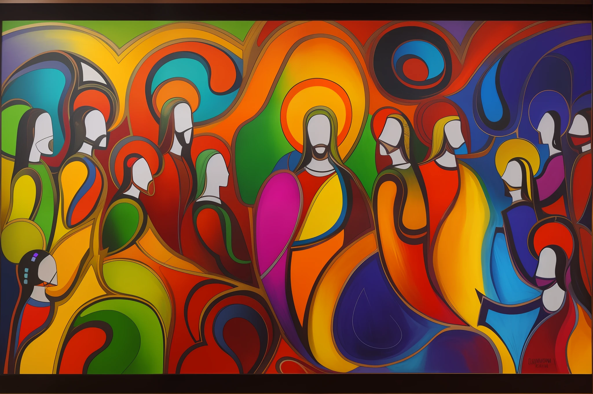 painting of a group of people with colorful colors, catholic religious art, christian art, brightly coloured oil on canvas, colourful artwork, religious painting, inspired by Juan O'Gorman, spiritual art, abstract figurative art, by David Burton-Richardson, biblical art style, masterpiece work of art, by Jack C. Mancino, very vibrant, masterpiece”, by Meredith Dillman --auto --s2