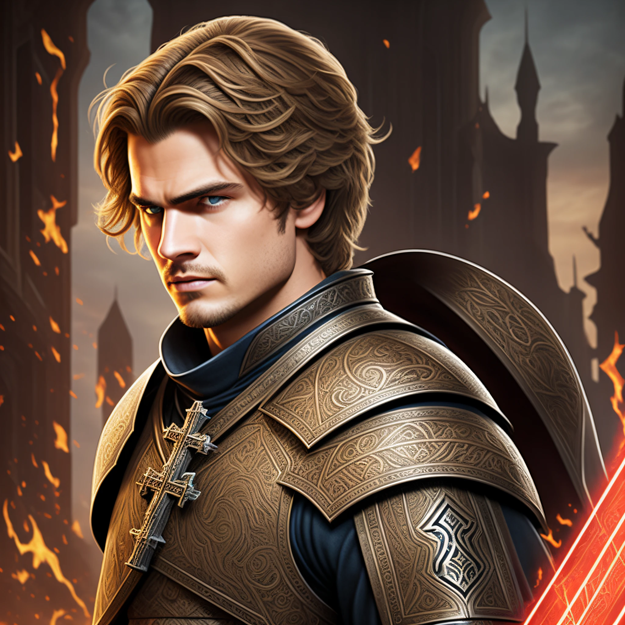In the image, my character, inspired by the appearance of Anakin Skywalker played by Hayden Christensen. Adult man in his 30s, wearing heavy armor that has on the chest of the armor an ornate symbol a sword in the shape of a cross. This character has a serious and cold expression, he appears to be an anti hero, he has a subtle scar in the eye region, the scar descends from the eyebrow to the bottom of the eye