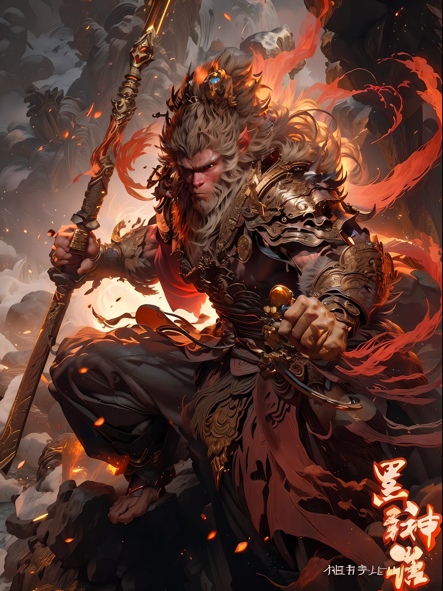 Anthropomorphic male monkey man with golden hoop stick in his hand, Sun Wukong, Wukong, fighting Buddha, normal hands, flame clouds under his feet, fire eyes golden eyes bright and brave, very beautiful anthropomorphic monkey, Guan Yu, inspired by Huang Shen, inspired by Hu Zaobin, inspired by Yang Jin, legendary god holding a spear, by Yang J, Bian Lian, Sun Wukong, inspired by Li Kan, Cheng Wei Pan on Artstation