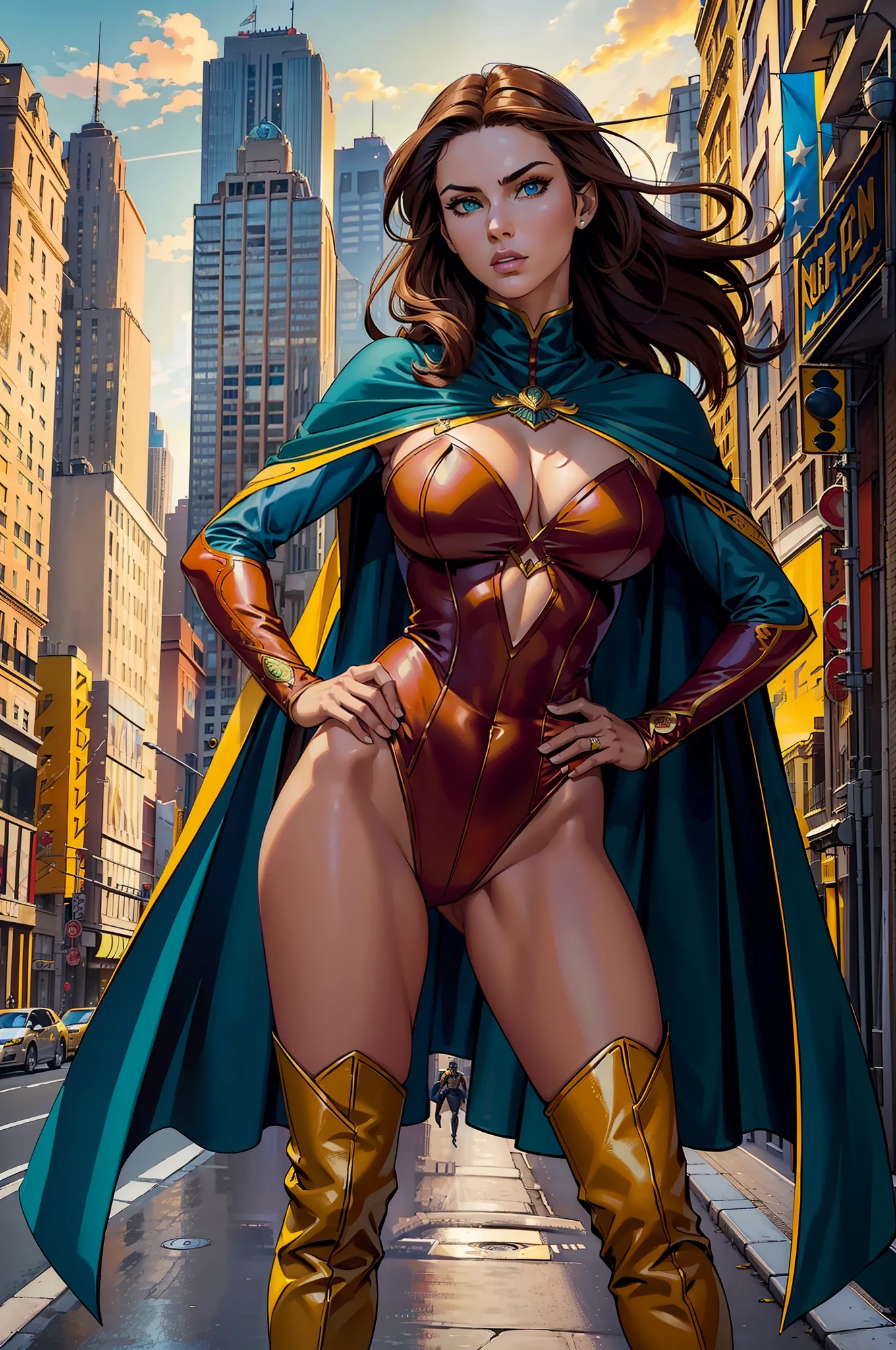 ((best quality)), ((masterpiece)), ((ultra realistic)), (dynamic heroic pose), ((solo)), american, beautiful detailed face, detailed eyes, sexy reporter, (red leotard, long sleeves), new york city backdrop, highly detailed, professional, bare legs, (full body costume design), hands on hip, standing, brown hair, medium hair, green eyes, (thigh-high matching boots), (yellow hawk-shaped crest engraved on chest), blue cape, medium cleavage cutout, turtleneck