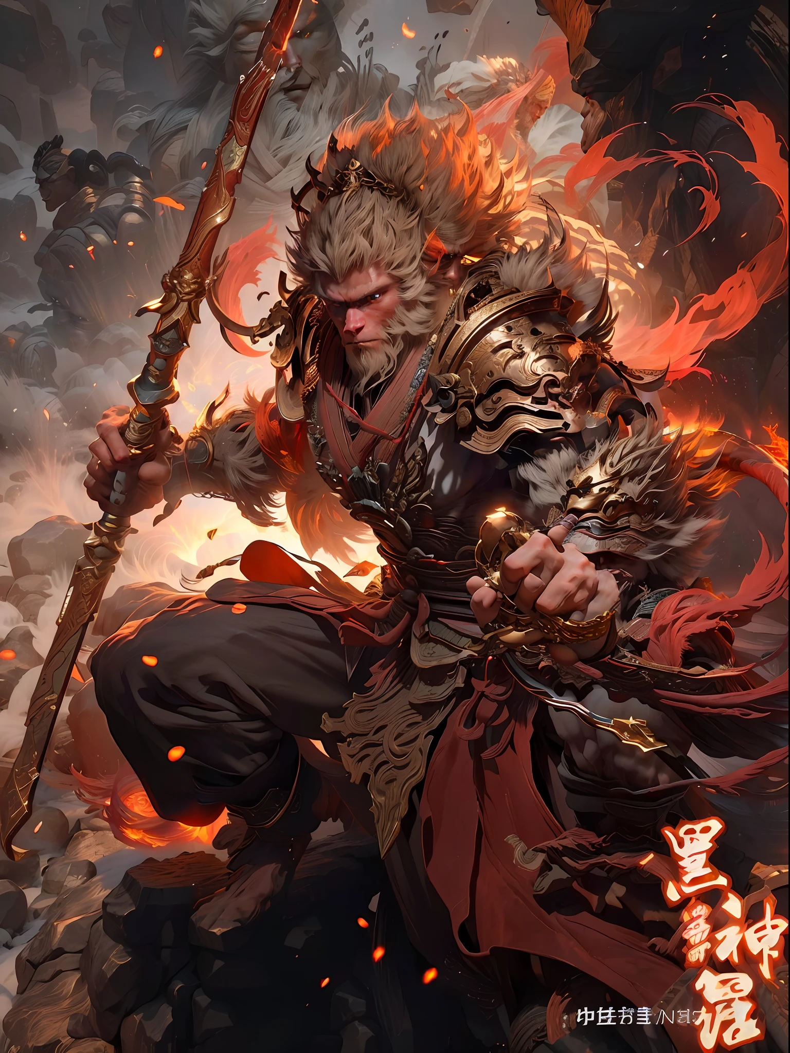 Anthropomorphic male monkey man with golden hoop stick in his hand, Sun Wukong, Wukong, fighting Buddha, normal hands, flame clouds under his feet, fire eyes golden eyes bright and brave, very beautiful anthropomorphic monkey, Guan Yu, inspired by Huang Shen, inspired by Hu Zaobin, inspired by Yang Jin, legendary god holding a spear, by Yang J, Bian Lian, Sun Wukong, inspired by Li Kan, Cheng Wei Pan on Artstation