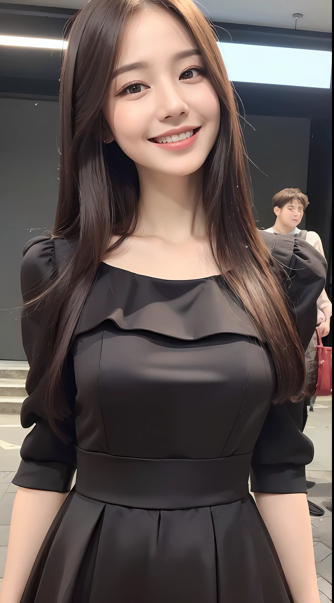 ((Best quality, 8k, Masterpiece :1.3)), 1girl, smiling, full body, slim face, Pretty woman, (Dark brown hair), full length dress :1.1, Ultra-detailed face, Detailed eyes, Double eyelid, blur background, slim face, city, outside, street,