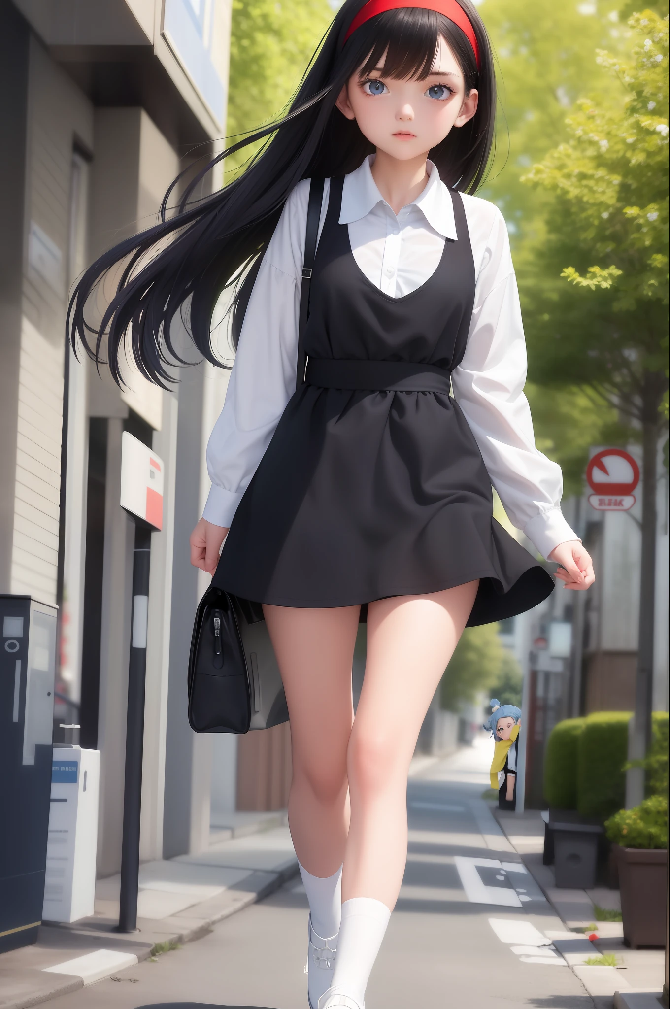 Best quality, masterpiece, black hair, blue eyes, head up, upper body, light blue headband, white shirt, red one-piece miniskirt, black stockings, red shoes, and a girl walking down the road normally