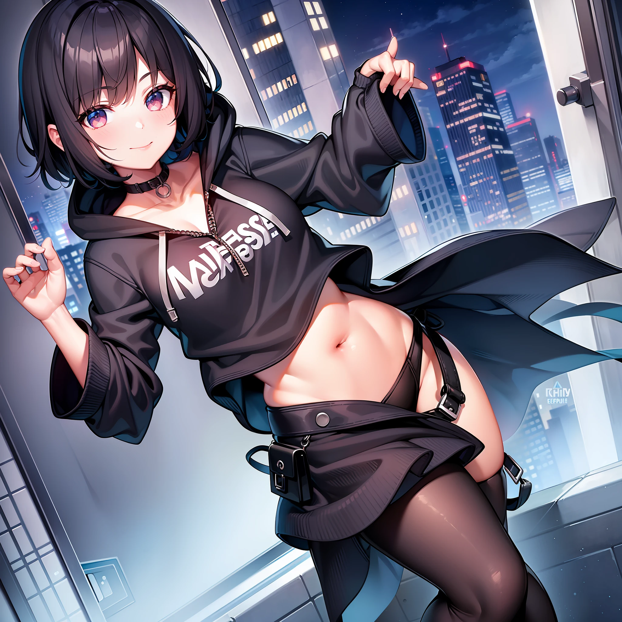 ((masterpiece, best quality)), 1 girl, solo, short hair, pants, smile, black hair, hood, chupa chups, night, city