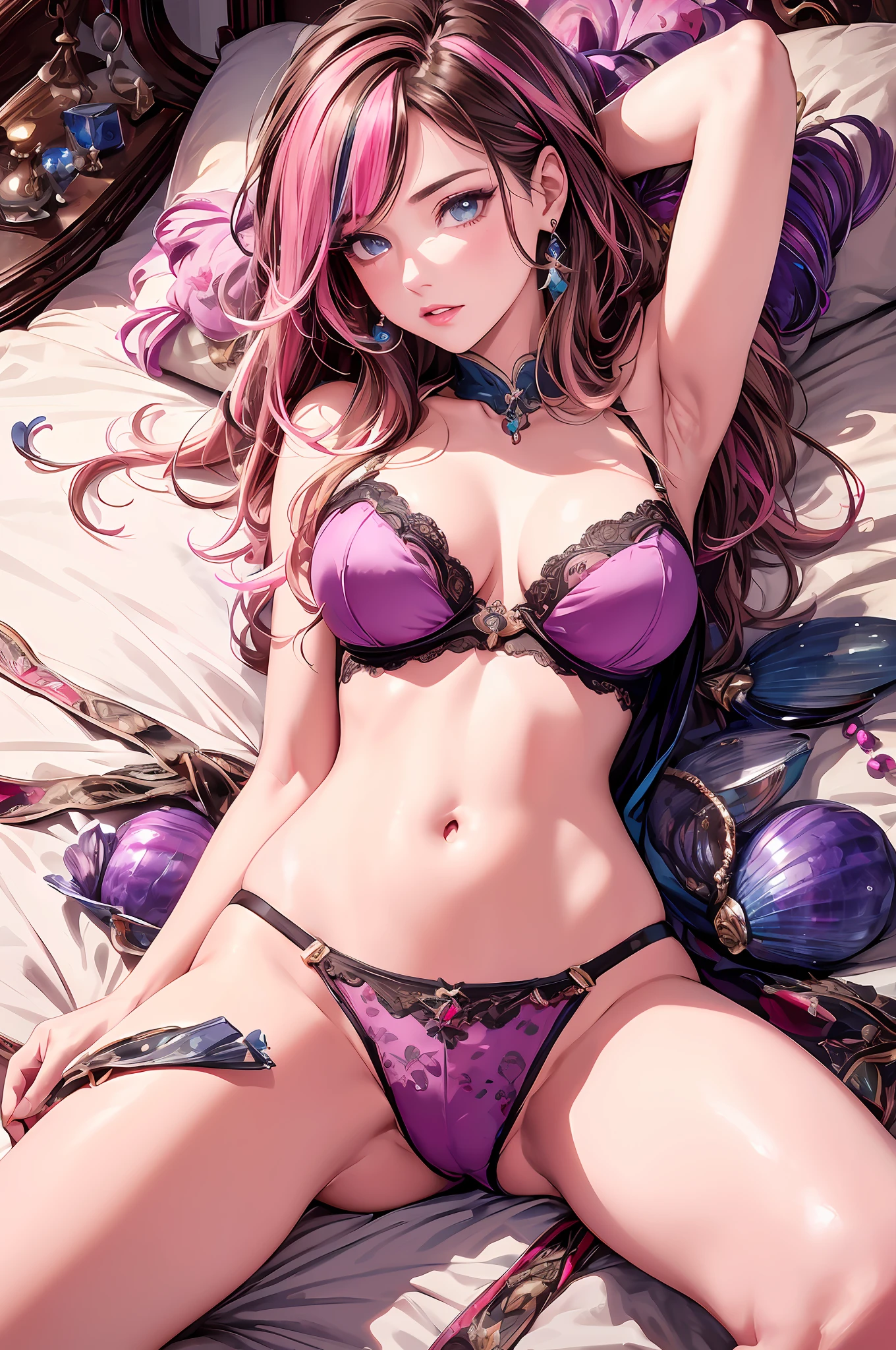 ((Top Quality, 8k, Masterpiece: 1.3)), Beauty, 1 Girl, Big: 1.3, Slender Abs: 1.1, Dark Brown Hair, (Lying in Bed, Open Legs: 1.2), Ultra Detailed Face, Highly Detailed Lips, Detailed Eyes, Double Eyelids, Bra saxeblue,(((Blonde and Pink Hair), Purple Clear Eyes,Layered Bob,saxeblue underwear)), on the (crystal shellfish:1.2),((Beautiful, detailed eyes, jewel-like eyes, colorful eyes, sparkling eyes:1.3))