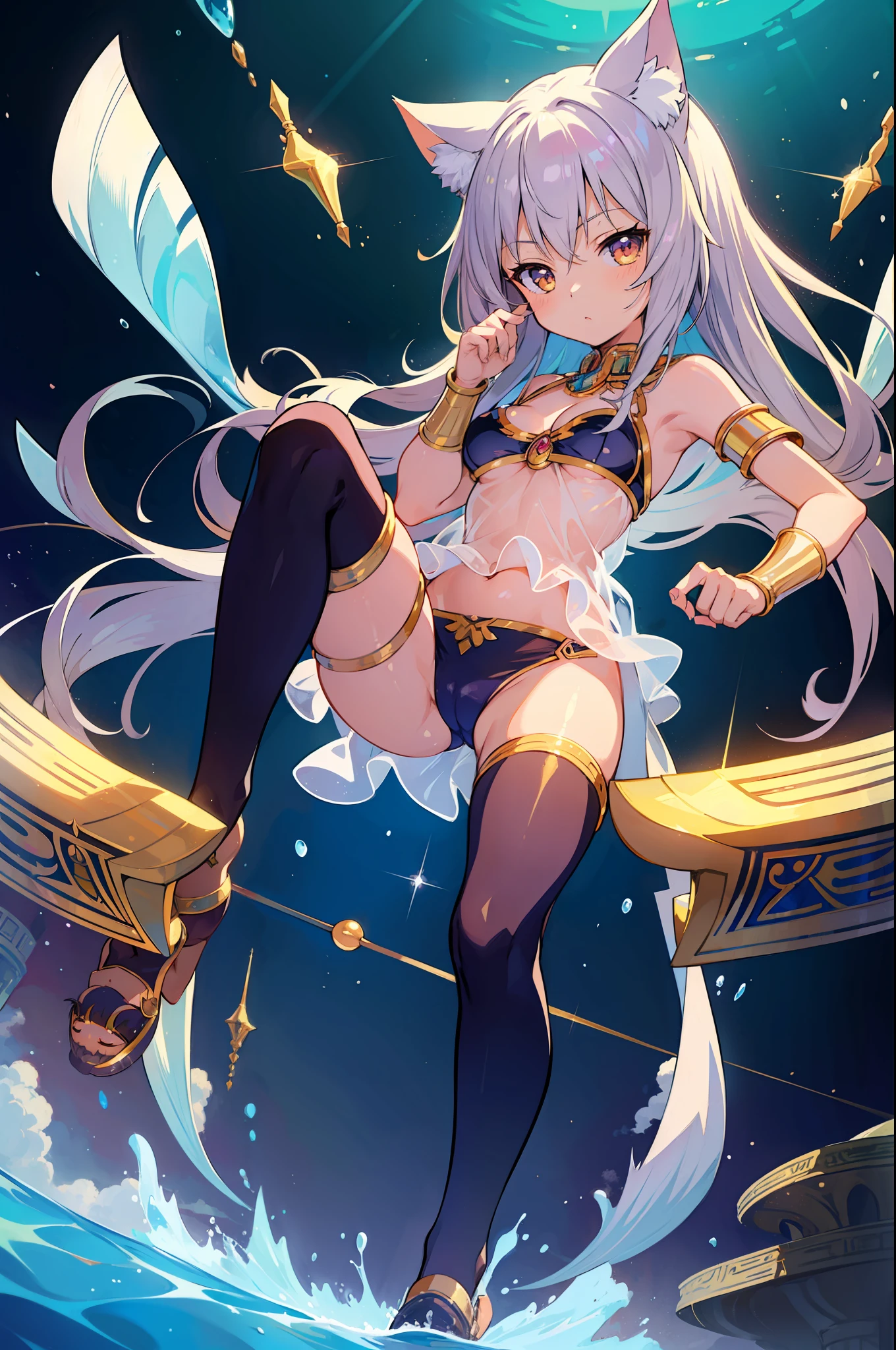 (Masterpiece), (Top Quality Anime Illustration), (Super Definition), One Girl, Solo, Silver-haired Beautiful Girl, Anime , Cat Ear Lolitite, Small Breasts, Cleavage Emphasis, Underboob, Thigh Emphasis, Bastet God Costume, See-through, Egyptian Mythology, Water