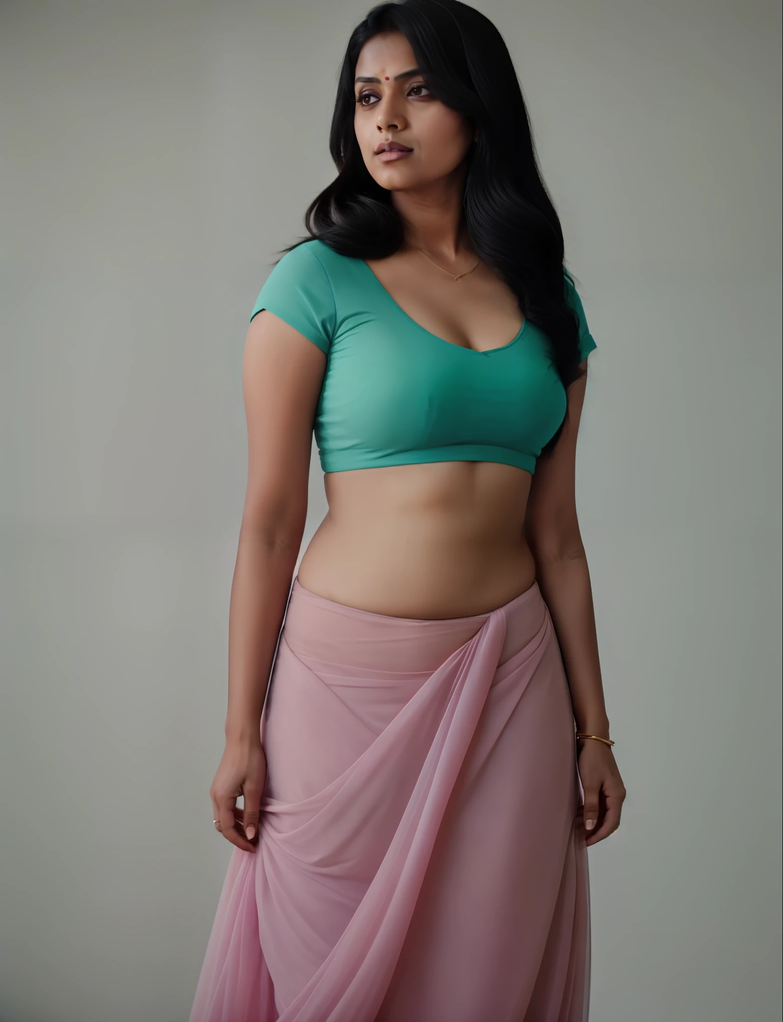 editorial photo of an Indian woman, shot on CineStill 800T, wearing Pastel Supreme apparel, foggy mood, close up shot, 32k, cinematic composition, professional color grading, film grain, atmosphere, wondrous, visible navel, anatomically correct, hyperrealistic