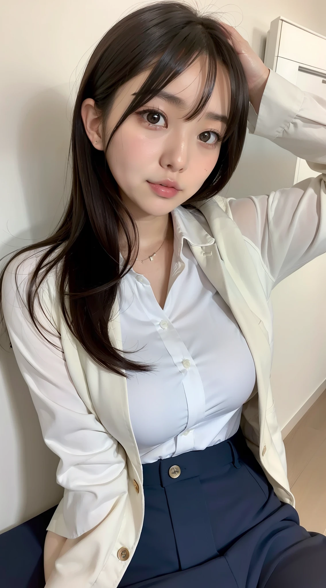 Japan girl, girl in her twenties, just good breasts, perfect breasts, perfect skin, perfect, dark hair, brown eyes, office lady, navy jacket, navy pants style, unbuttoned white shirt, bed, lying down, looking from above