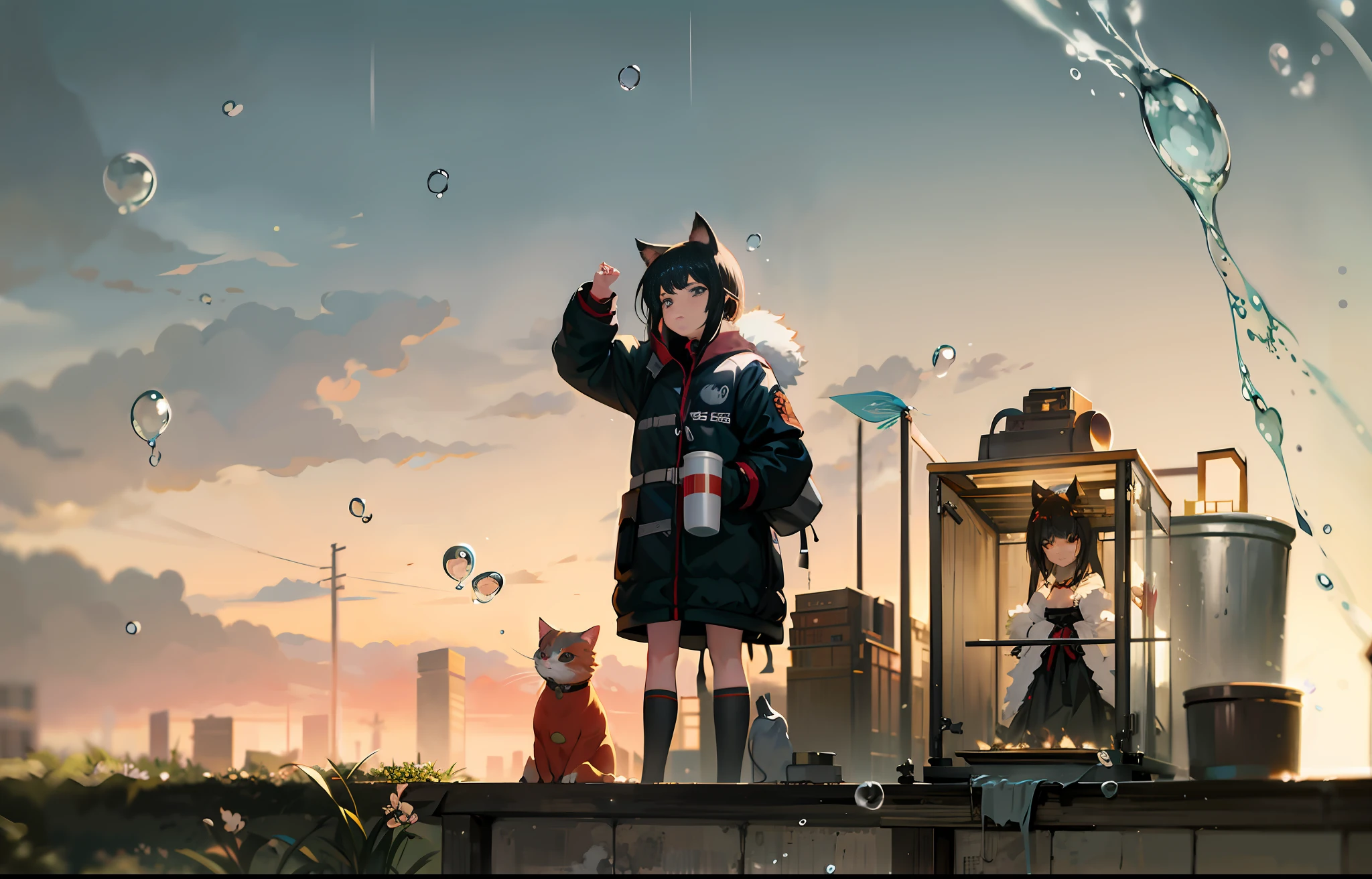 anime scene of a little girl standing on a ledge with a cat and a dog, artwork in the style of guweiz, anime style. 8k, anime style 4 k, anime style mixed with fujifilm, anime art wallpaper 8 k, anime art wallpaper 4 k, anime art wallpaper 4k, anime wallpaper 4k, anime wallpaper 4 k, 4k anime wallpaper