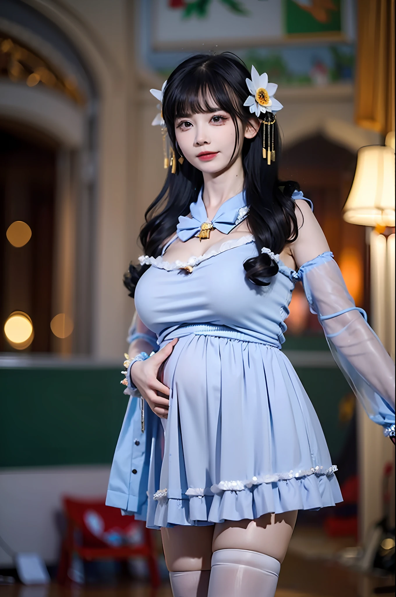 best quality, (fidelity:1.2), 1girl, solo, detailed face, face focus, standing, black hair, (hair ornament:1.35), school uniform, ribbon sleeves, sleeve removal, ribbon trim, wide sleeves, ( Looking in the audience: 1.5) long hair, dark eyes, bangs, lips, (((big breasts))), ((pregnancy)))