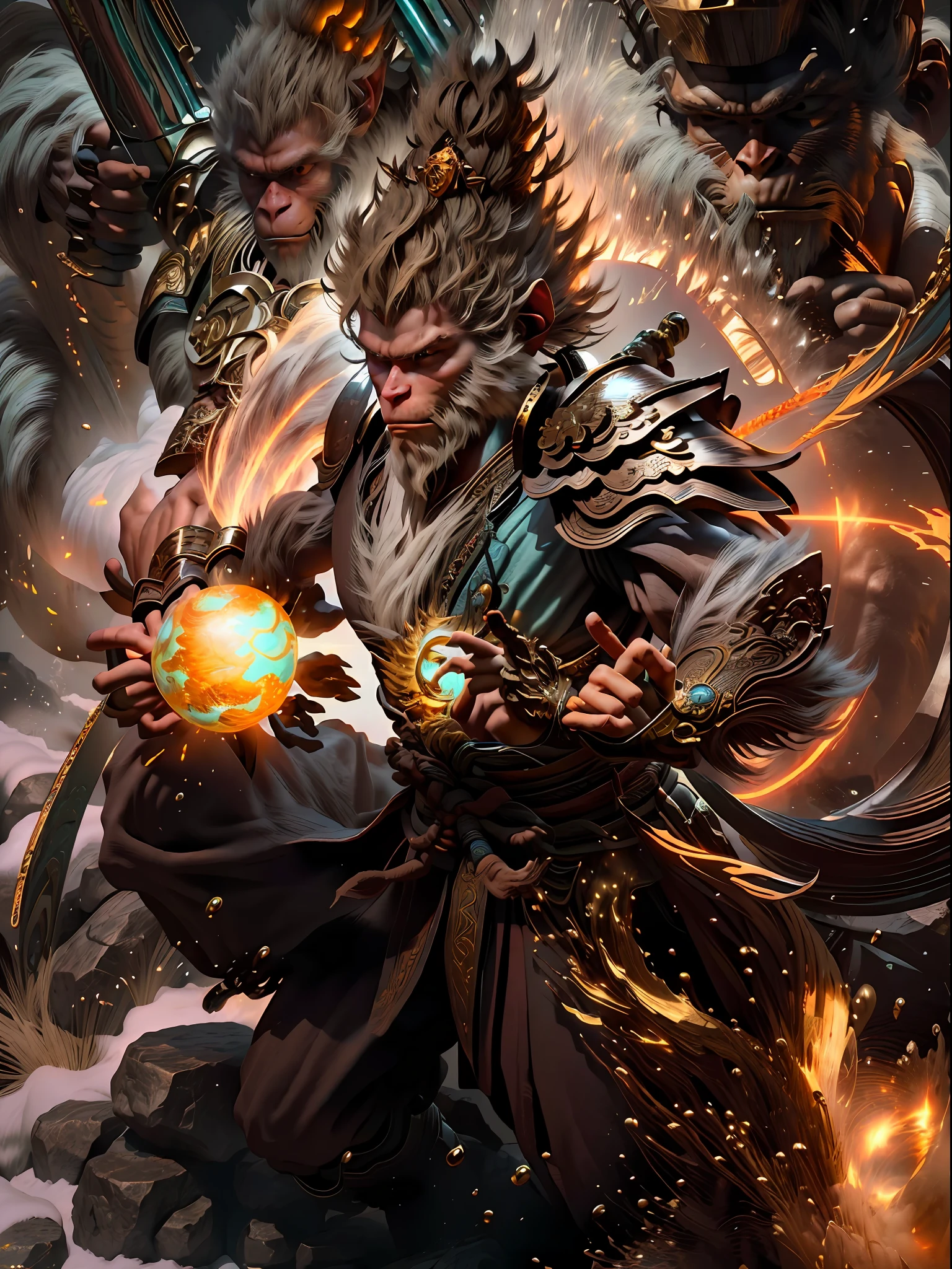 Anthropomorphic male monkey man with golden hoop stick in his hand, Sun Wukong, Wukong, fighting Buddha, normal hands, flame clouds under his feet, fire eyes golden eyes bright and brave, very beautiful anthropomorphic monkey, Guan Yu, inspired by Huang Shen, inspired by Hu Zaobin, inspired by Yang Jin, legendary god holding a spear, by Yang J, Bian Lian, Sun Wukong, inspired by Li Kan, Cheng Wei Pan on Artstation