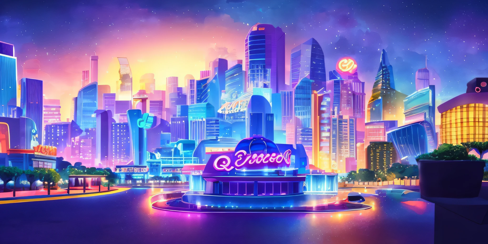 Cartoon game scene, Q version style, cute, bustling city, high-rise building, casino, slot, outdoor scene, starry sky, crazy zootopia style, animated movie scene, Disney, Pixar, concept art, surrealism, cinematic lighting, atmospheric perspective, UHD, high quality, masterpiece