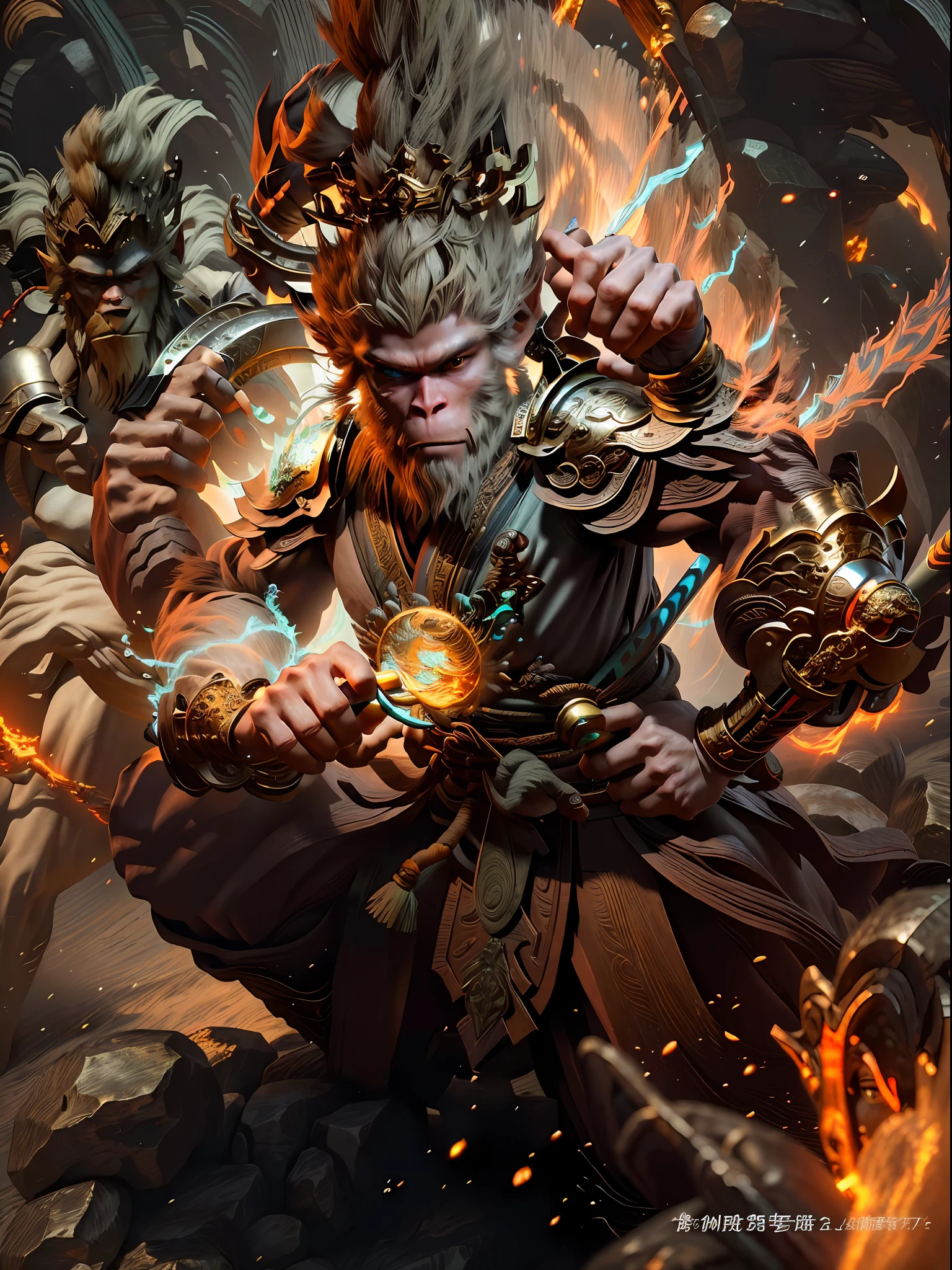 Anthropomorphic male monkey man with golden hoop stick in his hand, Sun Wukong, Wukong, fighting Buddha, normal hands, flame clouds under his feet, fire eyes golden eyes bright and brave, very beautiful anthropomorphic monkey, Guan Yu, inspired by Huang Shen, inspired by Hu Zaobin, inspired by Yang Jin, legendary god holding a spear, by Yang J, Bian Lian, Sun Wukong, inspired by Li Kan, Cheng Wei Pan on Artstation