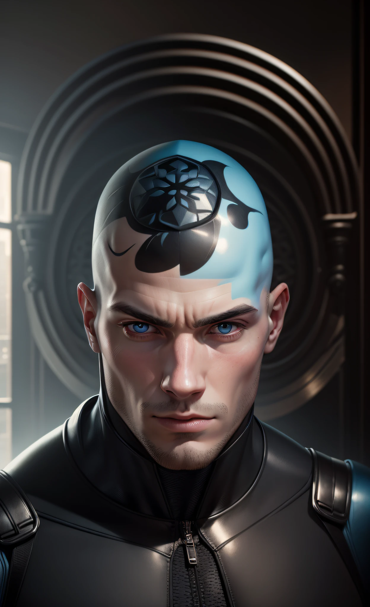 a closeup of a bald 21-year-old man in a black wetsuit, no beard and no goatee portrait of male humanoid, highly detailed head, realistic face and hybrid body, detailed humanoid, extremely detailed face and body, detailed bright head, detailed face of an android, unreal motor blue face, realistically proportioned head, face is highly detailed, with very detailed face, humanoid face --auto --s2